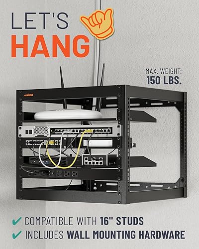 Miniatura 3 de ECHOGEAR Rack de red de 10U – Diseño de 4 postes resistente para montaje en pared que soporta todas tus redes y equipo AV – Diseño de marco abierto