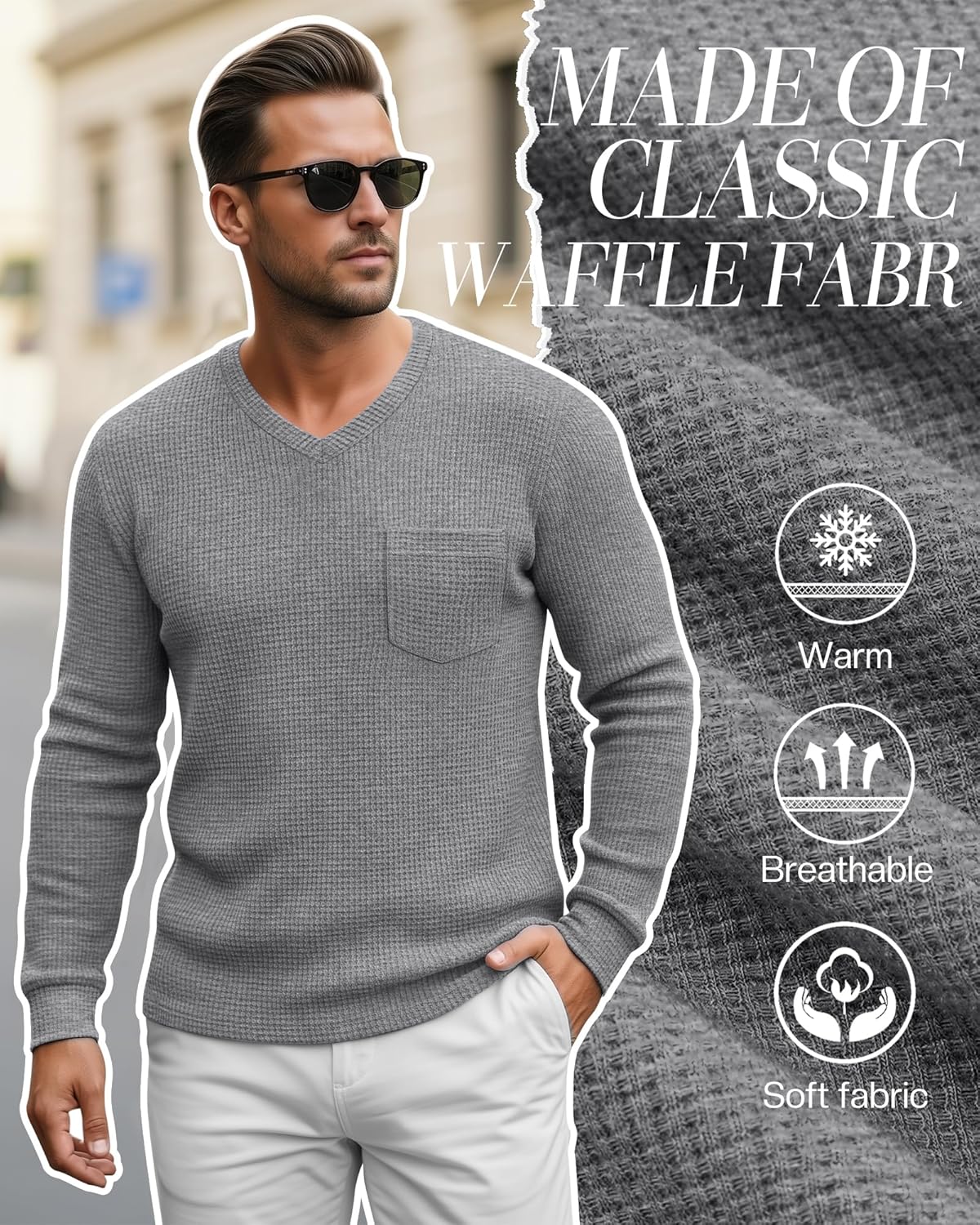 3 Pack Men's Waffle Thermal Long Sleeve Shirts V Neck Lightweight Tops Casual Pullover Undershirts with Pocket - Image 4