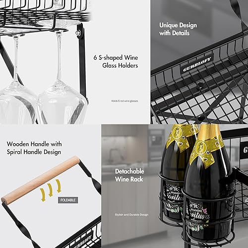 Miniatura 2 de Gurblofy Carrito de bar, carrito de servicio plegable para el hogar, carrito de bar con ruedas, carrito de bar negro con soporte de vidrio y estante