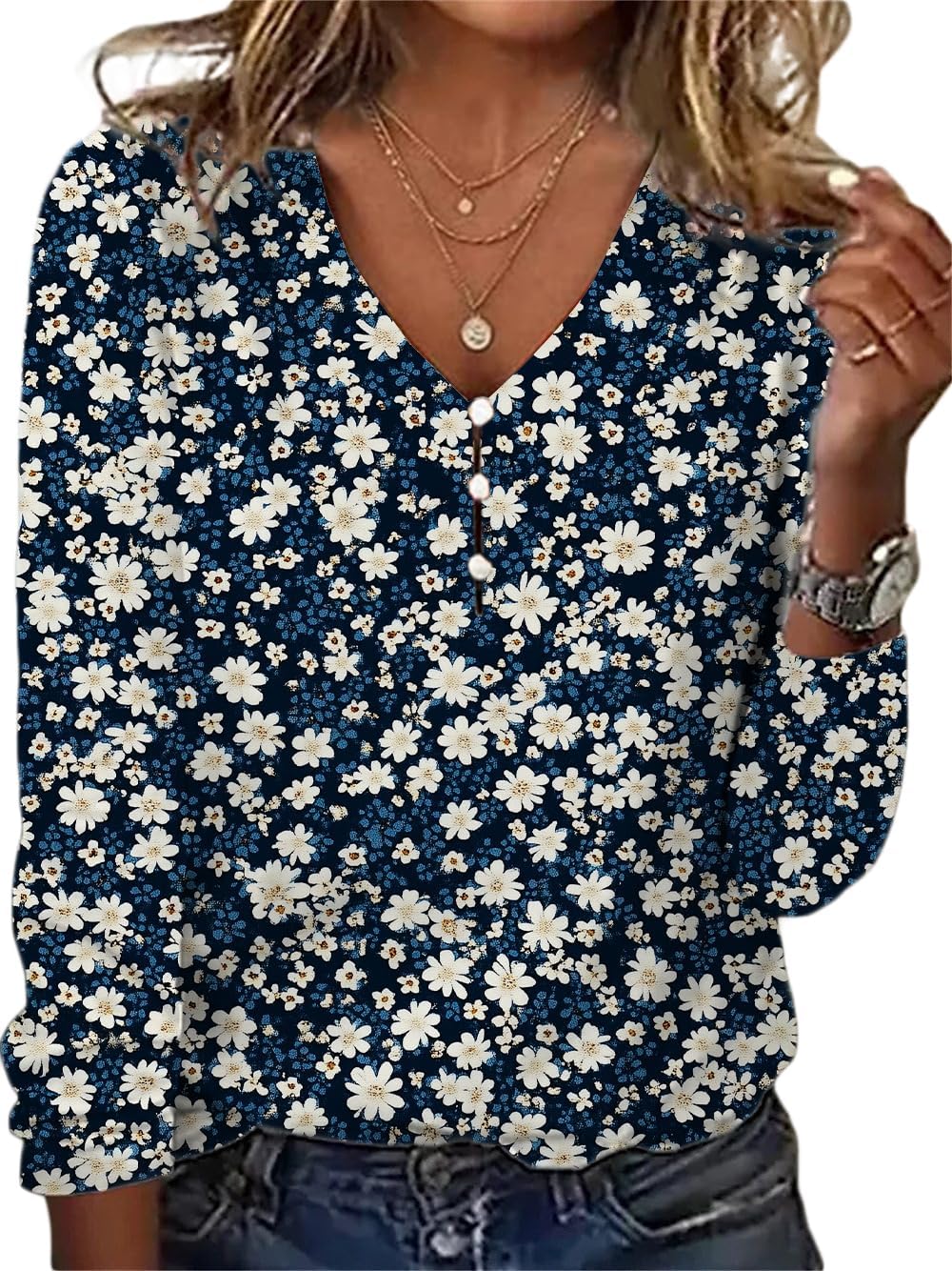 Bohemian tops for women button up floral shirts v-neck casual.