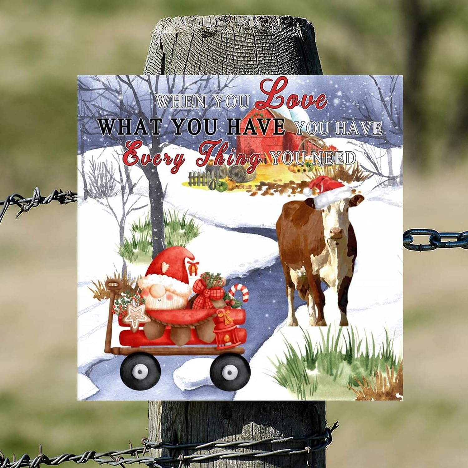 When You Love What You Have Wooden Signs Rustic Christmas Hat Cow Red Truck Gnome Positive Wall Plaque Merry And Bright Wall Decor Farmhouse Rustic Wooden For Bedroom Living Room Wall Home 16x16in