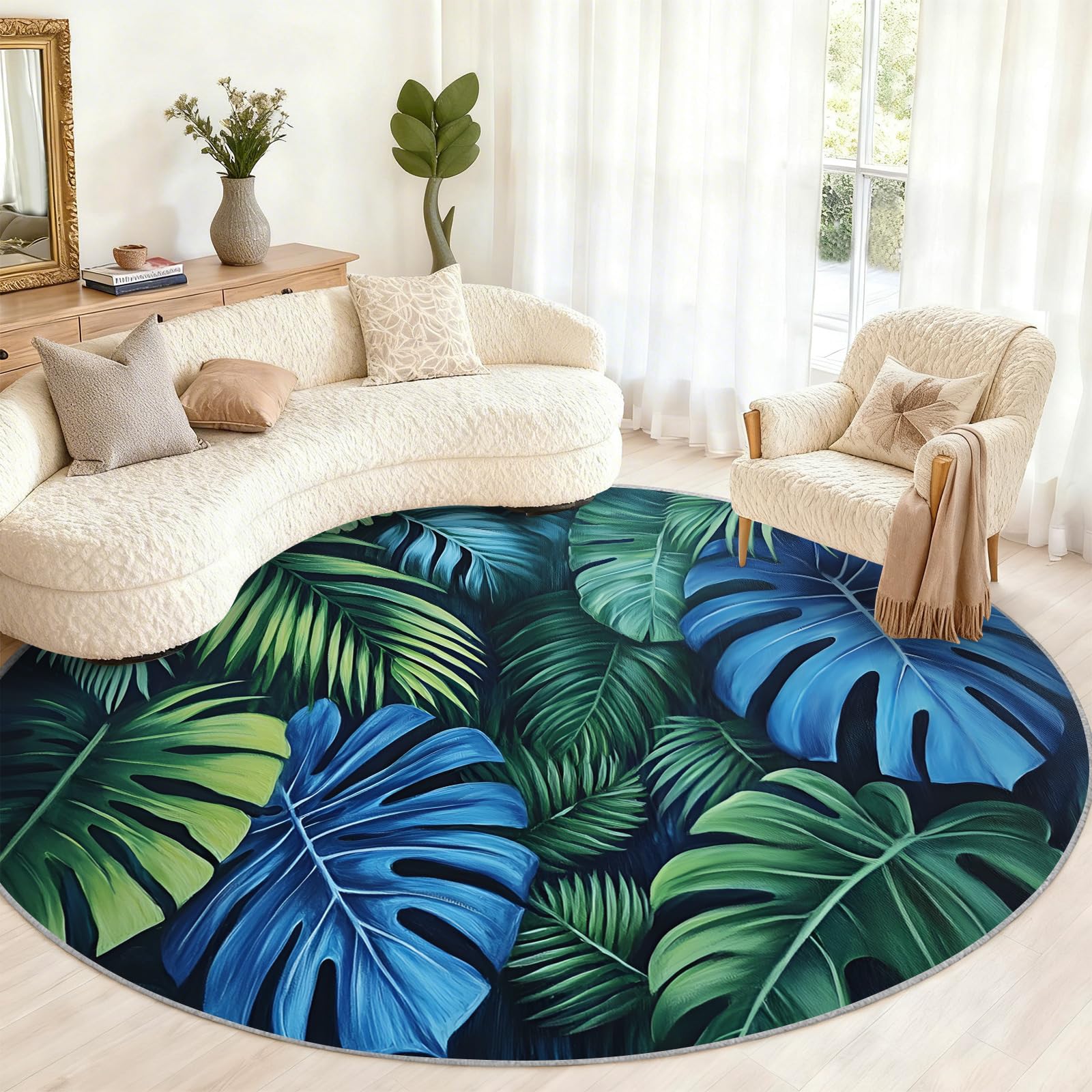 Tapis rond tropical vert foncé Palm Tapis circulaire de 6 pi | Tapis Jungle Boho pour chaise, lavable, motif feuilles de Monstera antidérapant et à poils courts