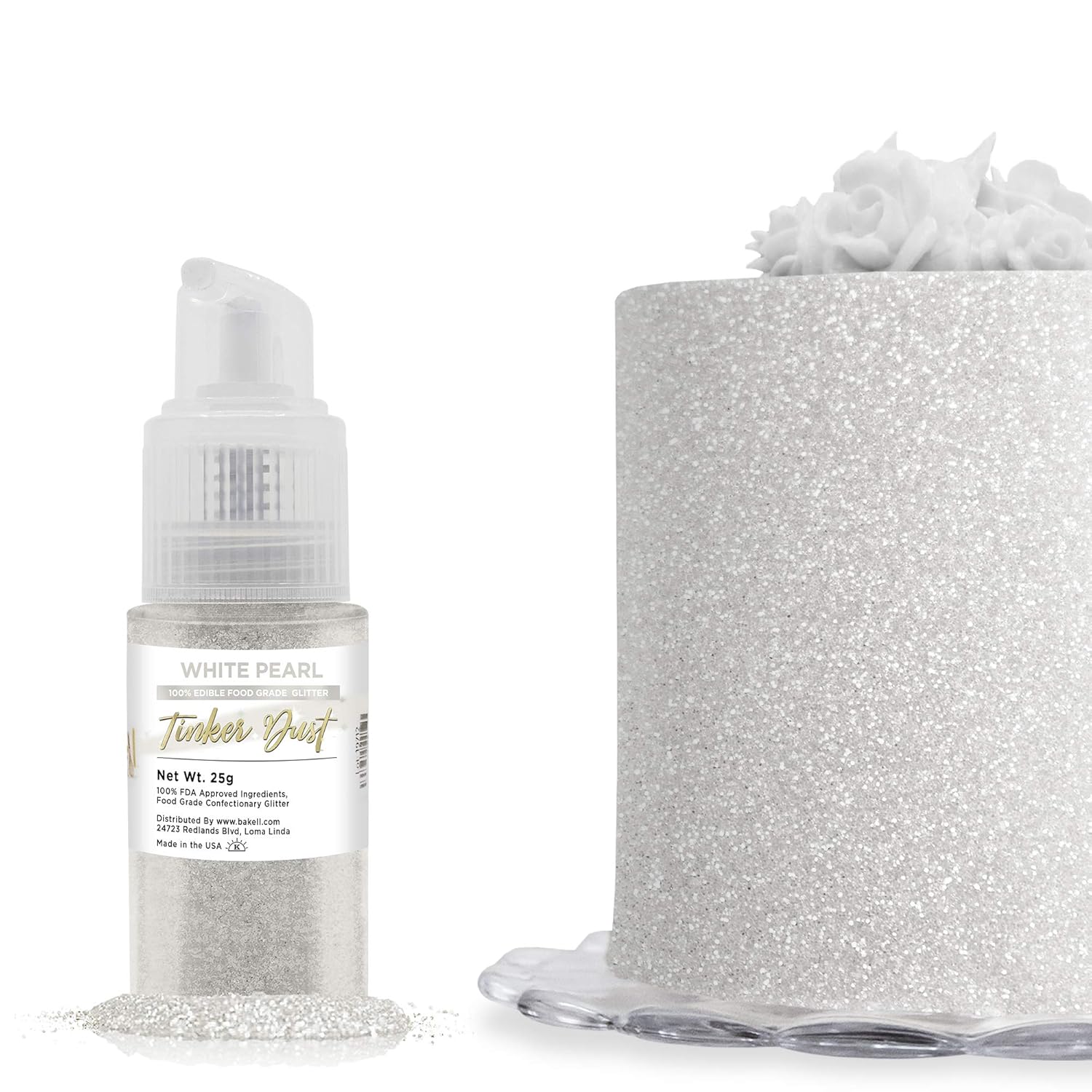 Bakell's White Pearl Tinker Dust - (25g, 1x Pump) | Edible Glitter for Elegant Desserts & Craft Cocktails!