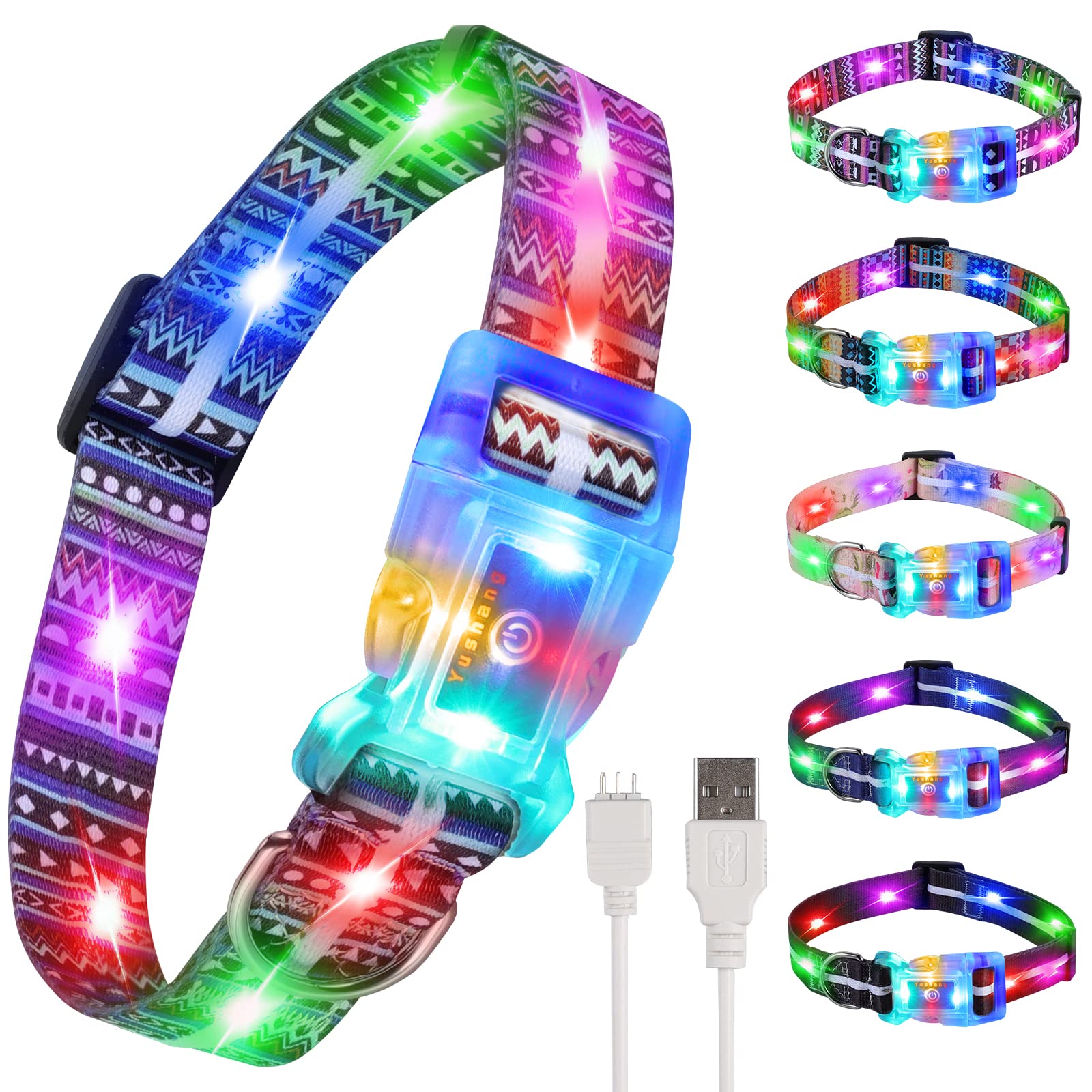 YUSHANG Safety Buckle LED Dog Collar- Adjustable Night Light Up Dog Collar-USB Rechargeable Waterproof Dog Collar Light (Bohemian Blue)