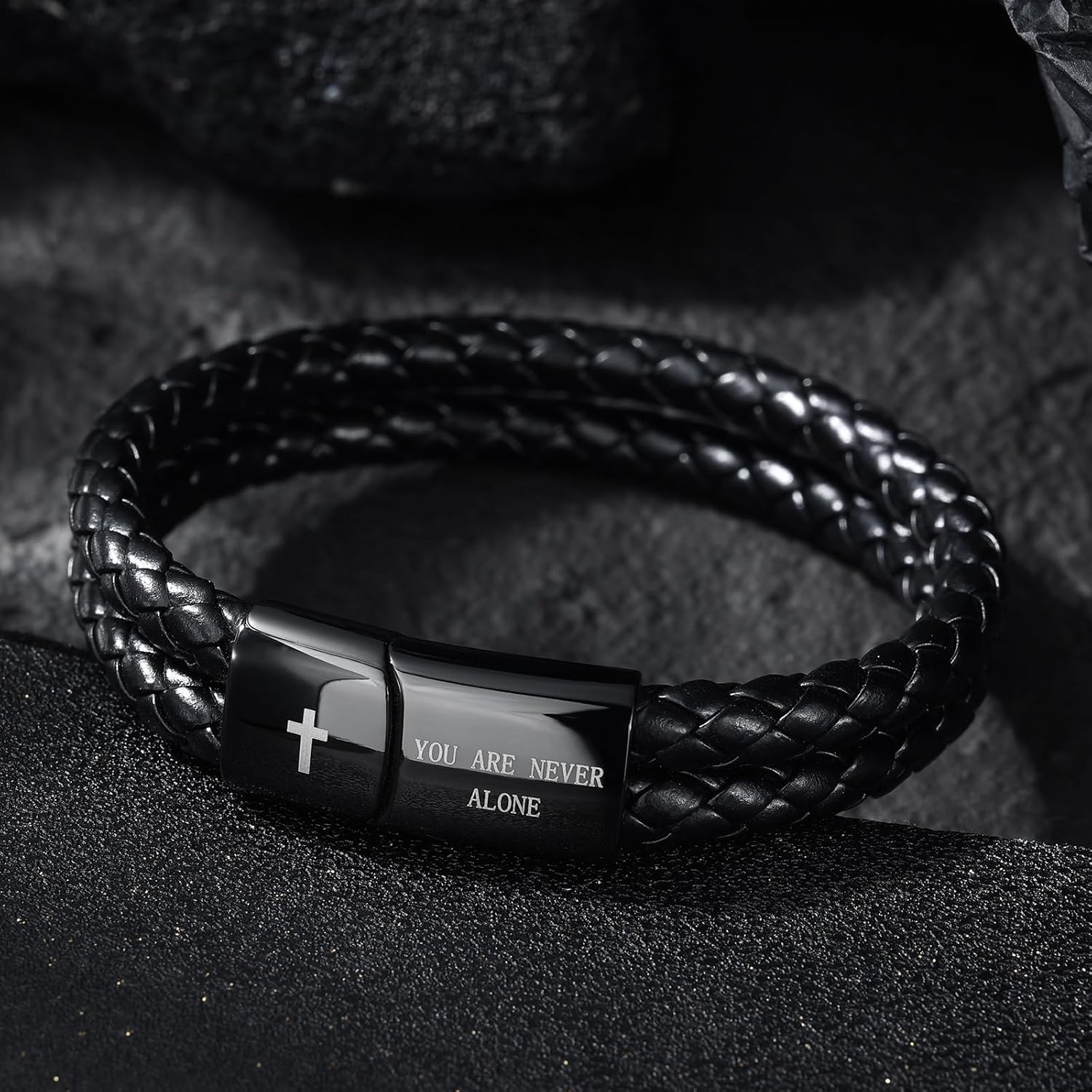 Men's Leather Bracelet with Cross Bible Verse, Double Layer Black Genuine Leather Bracelet for Men, Christian Religious Inspirational Valentine Gift for Men Dad Husband Boyfriend Grandson Son - Image 2