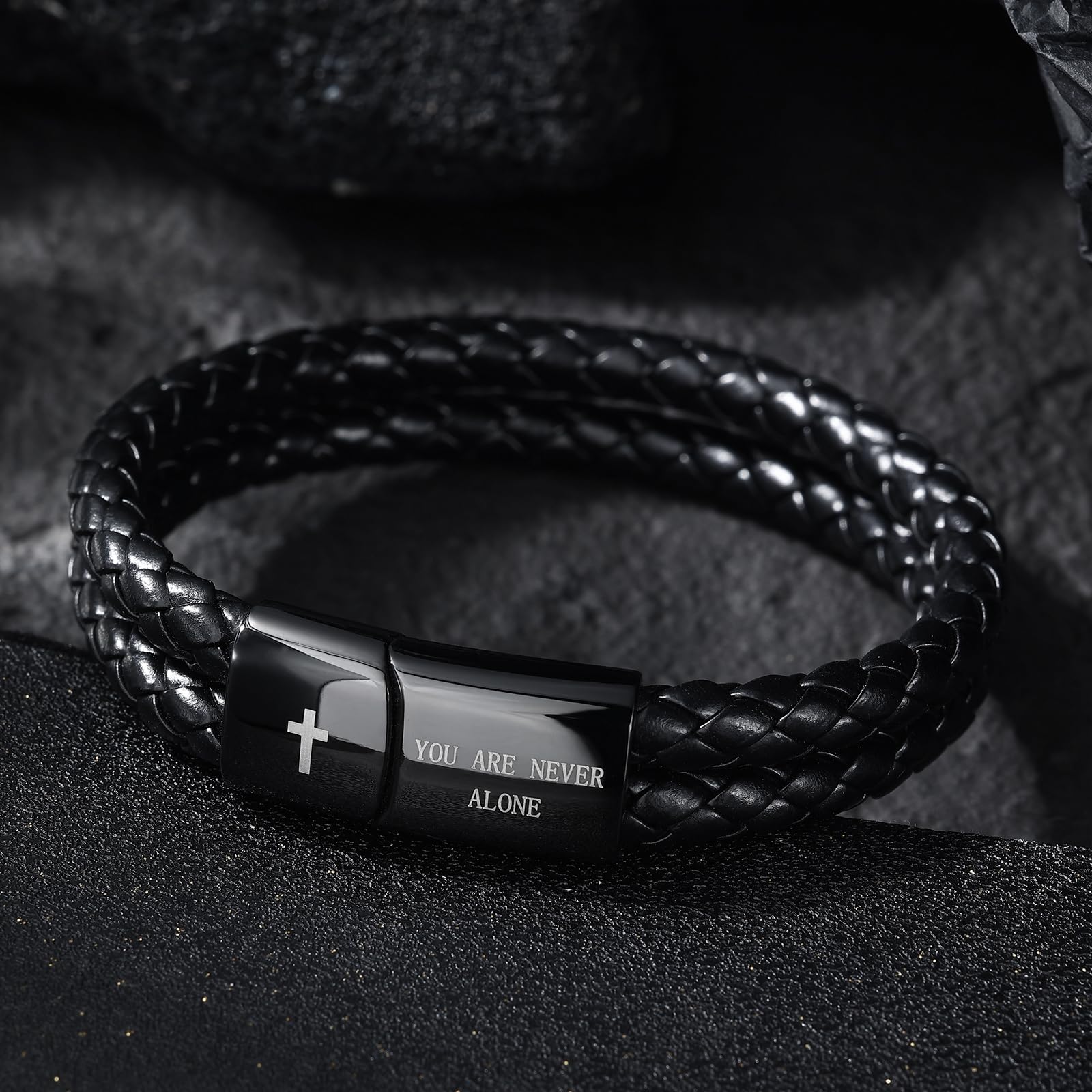Men's Leather Bracelet with Cross Bible Verse, Double Layer Black Genuine Leather Bracelet for Men, Christian Religious Baptism Easter Gift for Men Dad Husband Boyfriend Grandson Son