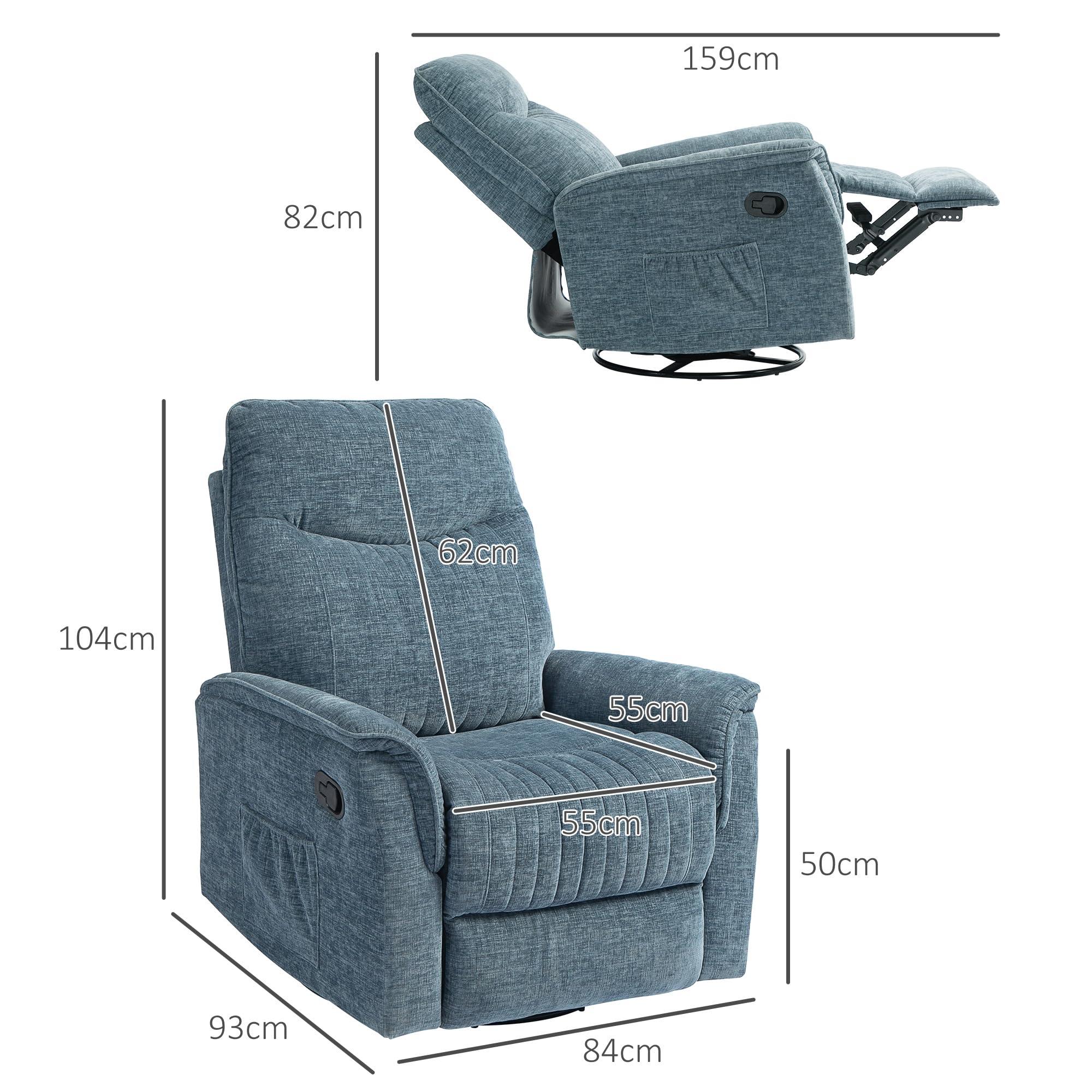 HOMCOM Fauteuil Inclinable Salon - Fauteuil de Relaxation avec Repose-Pieds rétractable, Dossier réglable Manuel, Fonction à Bascule et pivotant, pour Chambre Bureau Home cinéma, Bleu