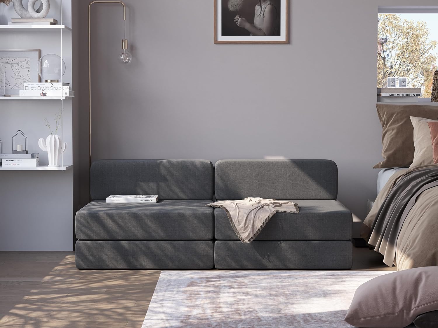 Convertible Folding Sofa Bed Couch - Dark Grey Memory Foam Fold Out Couches, Modern Linen Foldable Mattress Sleeper Chair for Living Room/Home Office/Apartment