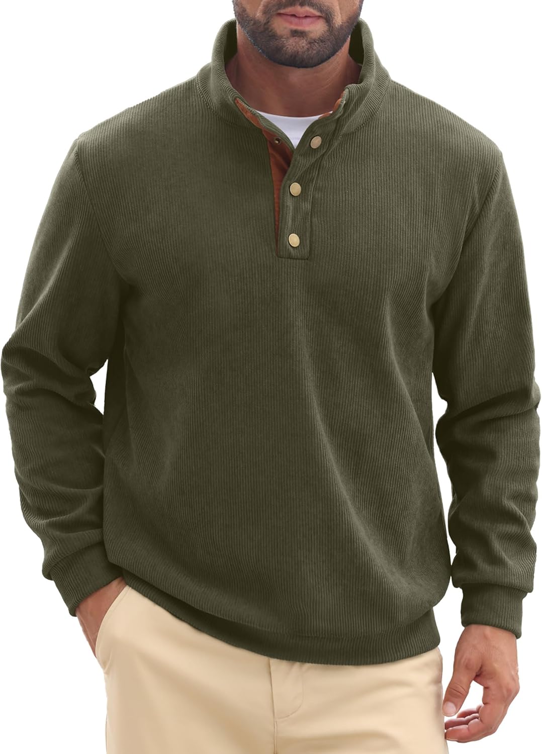 Askdeer Mens Sweatshirts Heavyweight Fleece Corduroy Casual Stand Collar Sweatshirt Mock Neck 1/4 Button Pullover Sweaters - Image 2