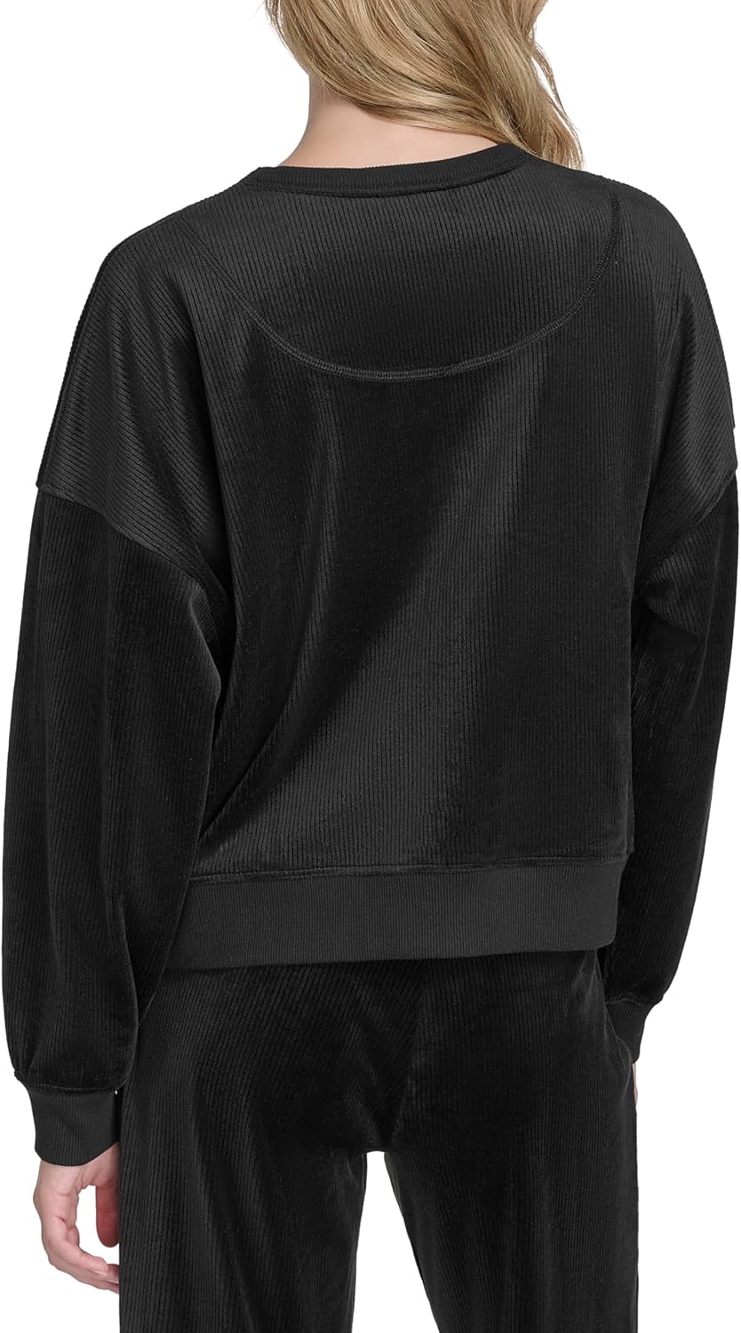 H HALSTON womens Ribbed Crew Neck Velour Sweatshirt