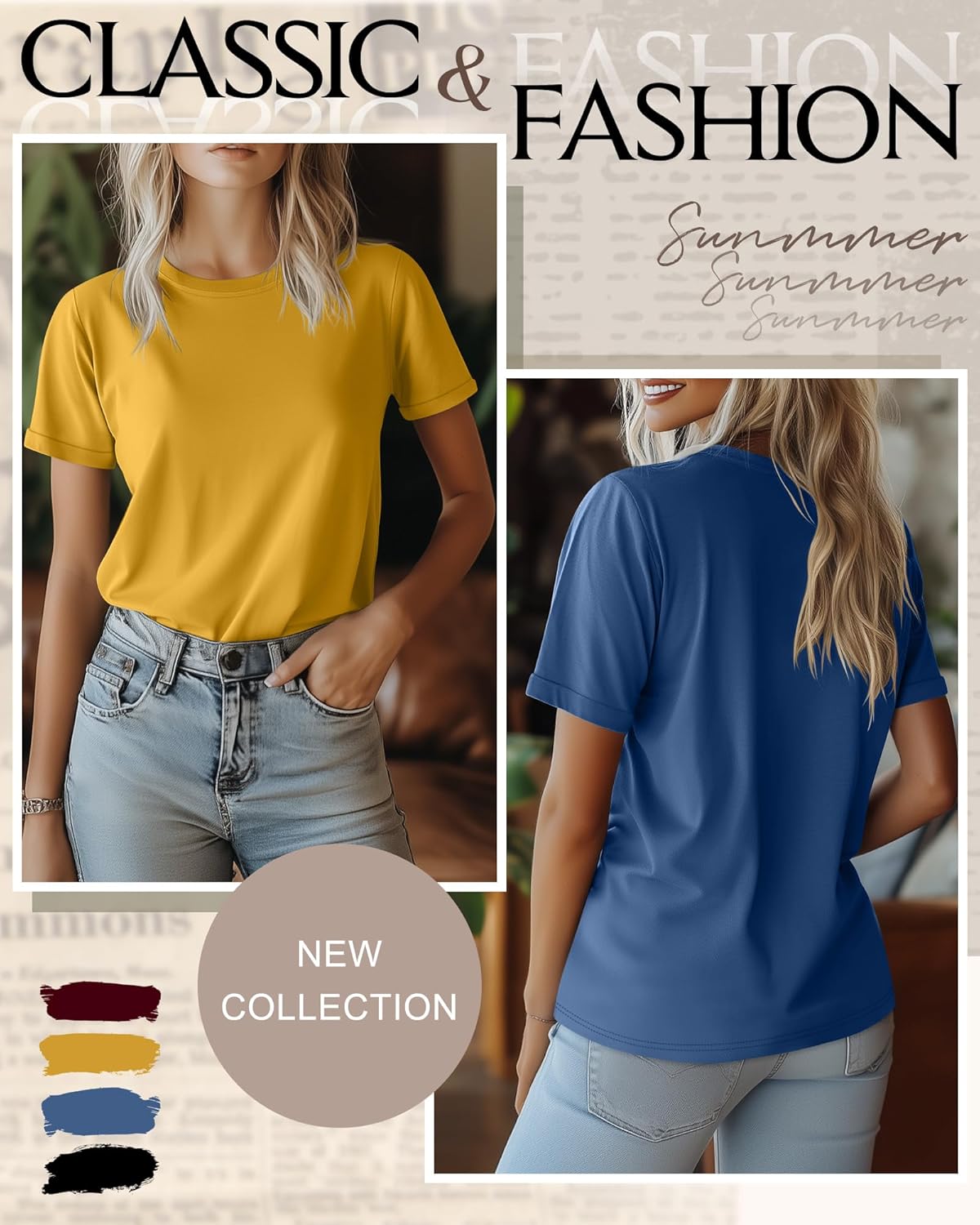 Ficerd 4 Pack Women's Cotton T Shirts Casual Short Sleeve Tunic Tops Crewneck Plain Summer Loose Fit Rolled Sleeve Basic Tee - Image 4