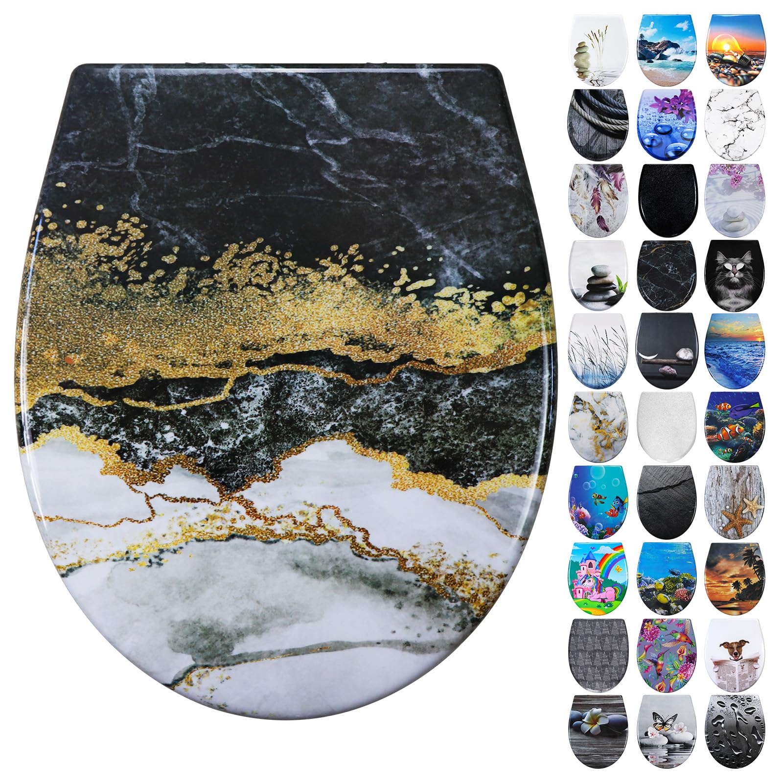 Fanmitrk Duroplast Toilet Seat Soft Close -Quick Release Toilet Lid with Top Fixing,Marble Effect(UF819-50) — image 1