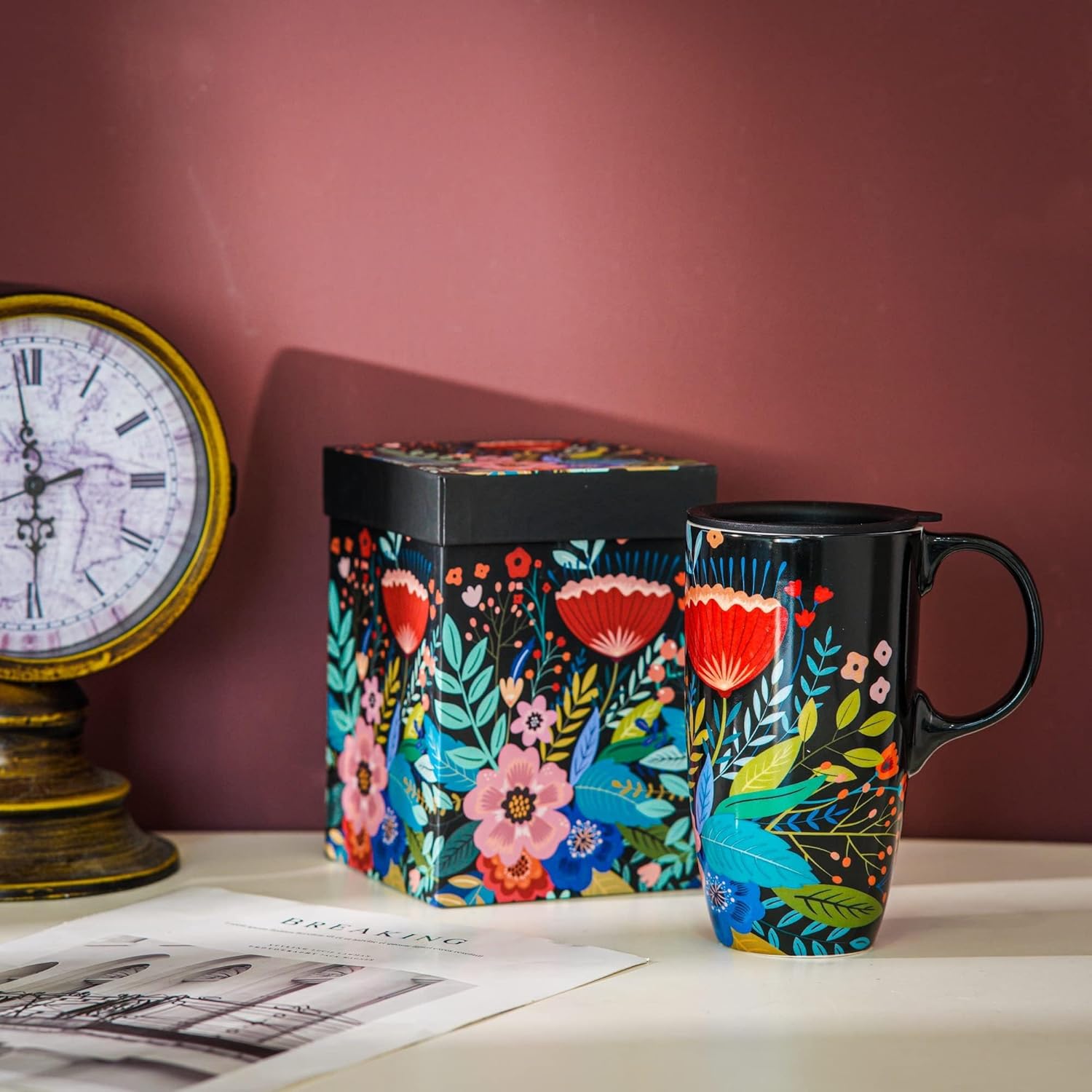 Topadorn Coffee Ceramic Mug Porcelain Latte Tea Cup With Lid 17oz., Black and Flower - Image 3