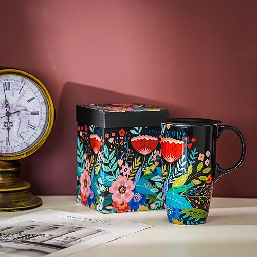 Miniatura 3 de Topadorn Taza de cerámica para café, taza de té de porcelana con tapa de 17 onzas, negro y flor