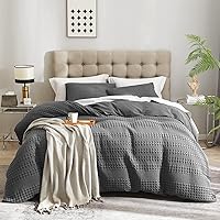 Vista 7 de Ivellow Juego de funda de edredón de tejido gofre - 100% algodón, tamaño Queen, gris texturizado, acogedor, suave, transpirable, funda de edredón