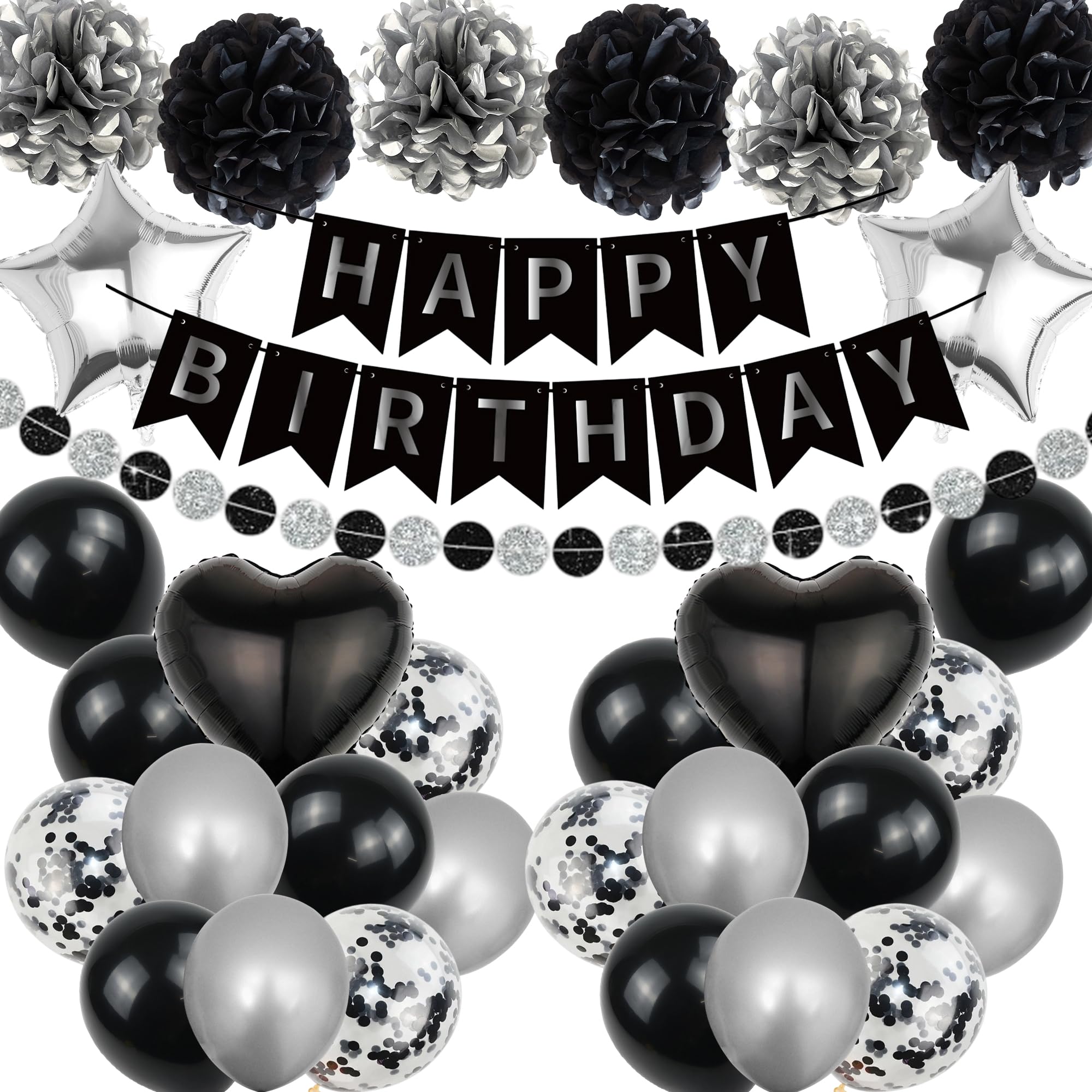 Black Dilver Birthday Decorations Balloons - 33 PC Happy Birthday Banners Circle Dot Garland Paper Flower Star Heart Foil Ballons for Boys Girls Bday Party Supplies