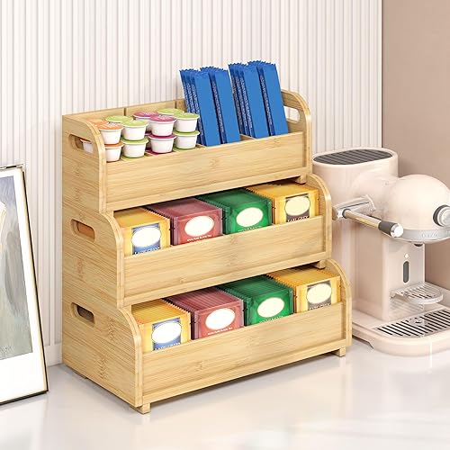 Wisuce Organizador de té para bolsas de té, organizador de té de bambú para bolsas de té, apilable de 3 niveles, montaje en pared, caja de