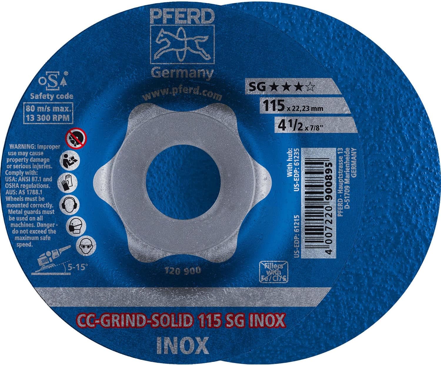 PFERD 61215 4-1/2" CC-GRIND-SOLID 7/8" A.H. - SG for STAINLESS/INOX (10 Pack)