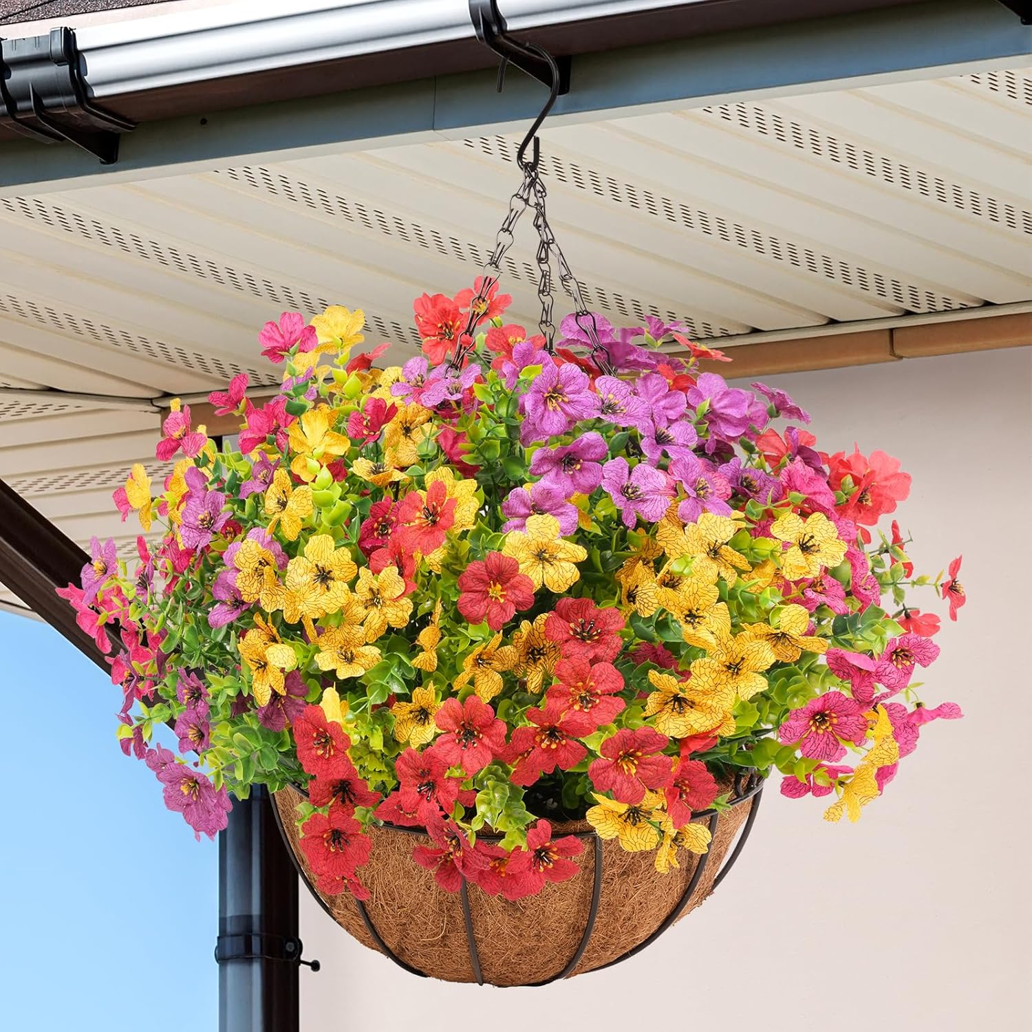 2 Set Artificial Flowers Faux Hanging Plants Basket for Spring Summer Outdoor Outside Decoration, Fake Silk UV Sun Resistant Daisy Eucalyptus for Porch Home Patio Balcony Yard Decor