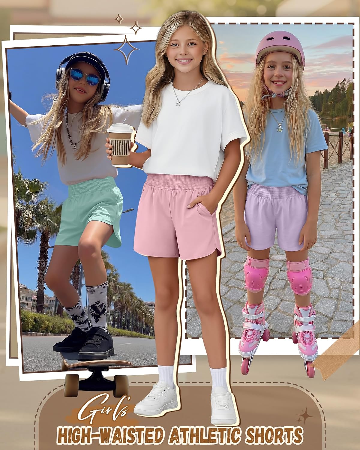 3 Pack Girls Athletic Shorts with Liner 2 in 1 Kids Quick Dry High Waist Elastic Running Shorts with Pockets