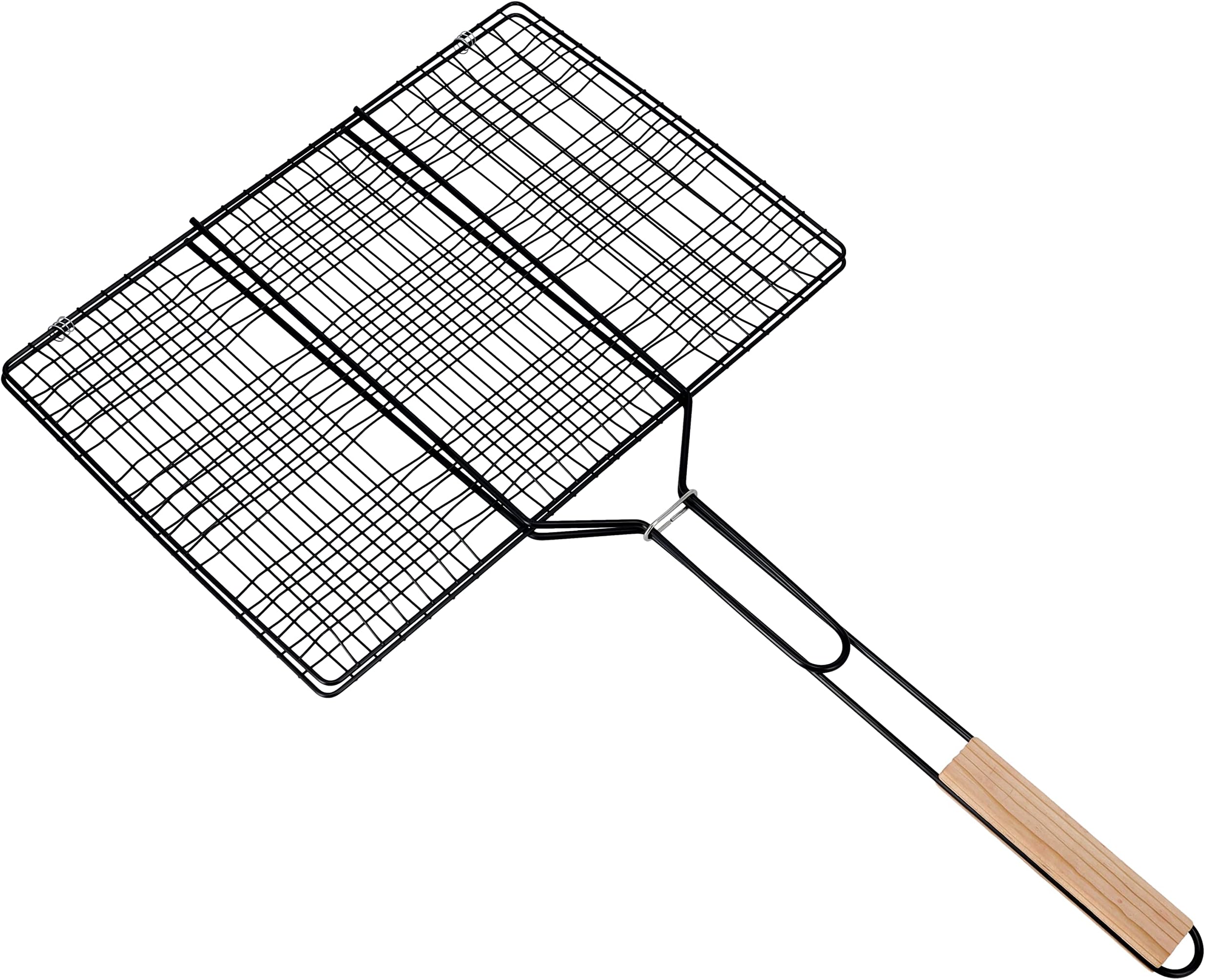 Barbeque Grill Chromium Plated Iron with Handle, RF10384 - Folding Portable BBQ Grill Basket for Fish Vegetables Shrimp with Wooden Handle, Larger Grilling Area