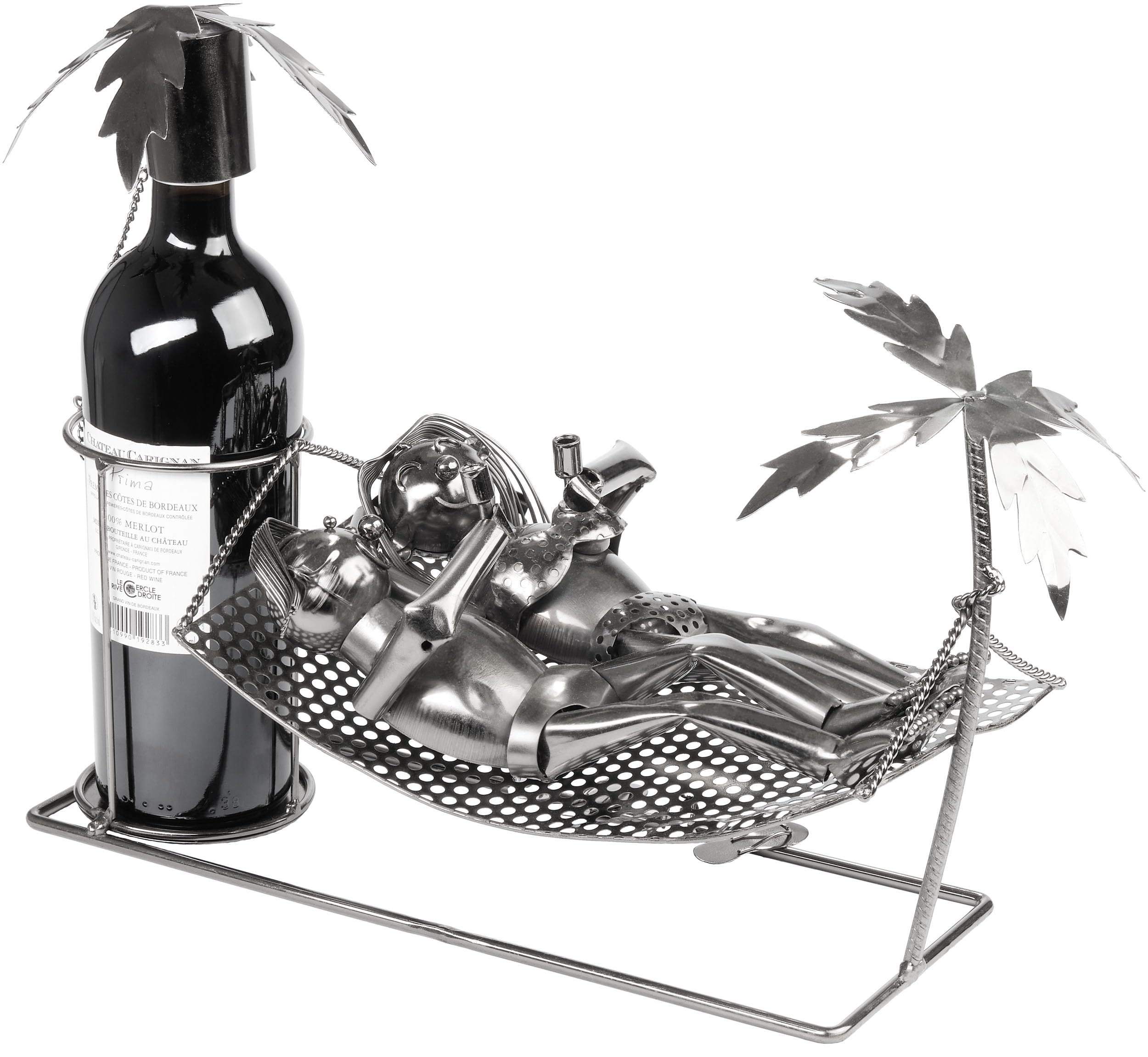 BRUBAKER Porte-Bouteilles de Vin Couple de Vacances | Porte-Bouteilles en Métal Couple en Vacances sur Hamac avec Palmiers - 40 cm Cadeau de Vin pour Vacances