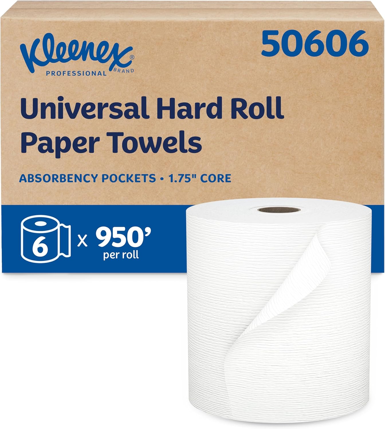 Kleenex Professional Universal Hard Roll Paper Towels, Bulk (50606), Hardwound 1.75" Core, Premium Absorbency Pockets, White (6 Rolls at 600' Each, 3,600'/Case) 6 Rolls (600' Each) White