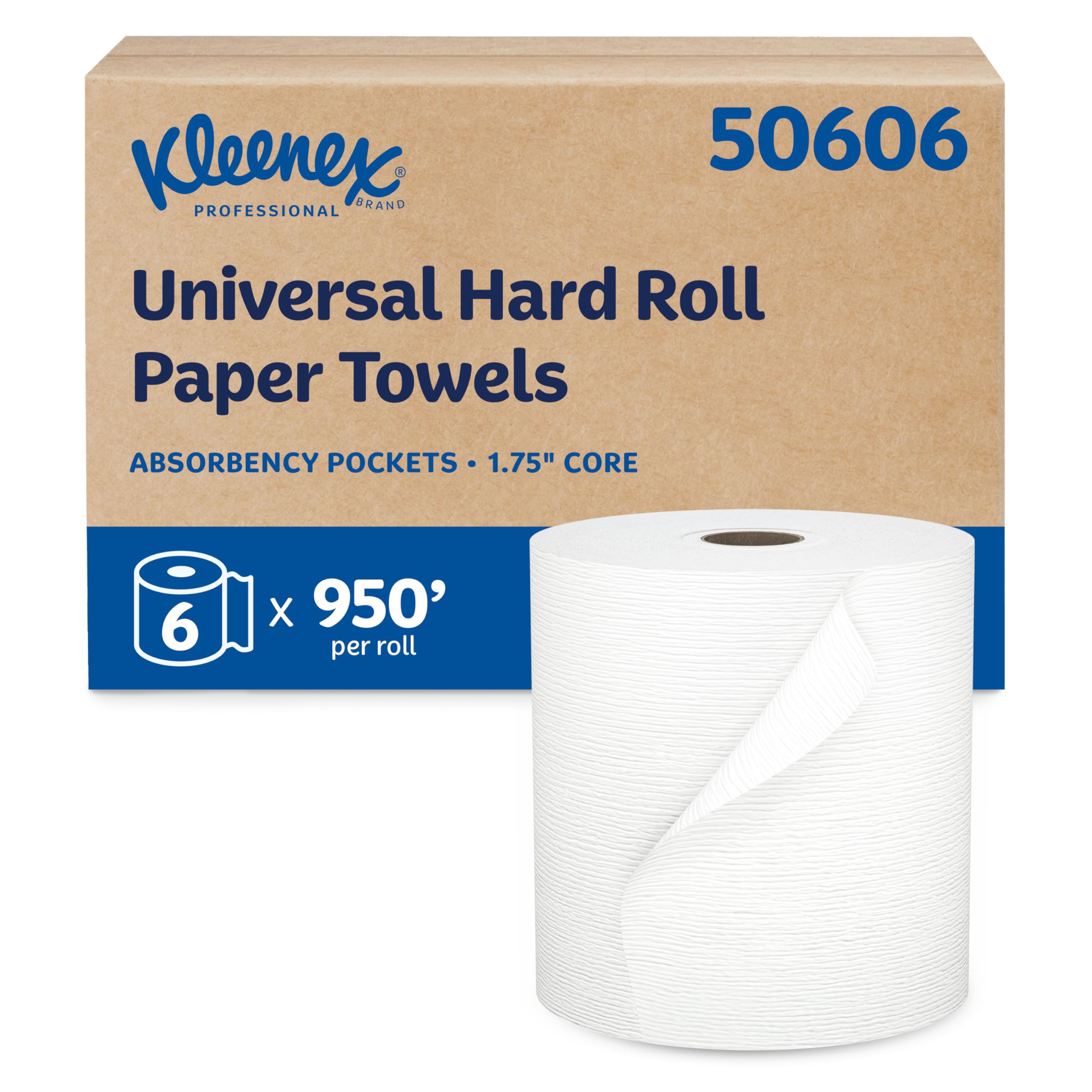 Kleenex Professional Universal Hard Roll Paper Towels, Bulk (50606), Hardwound 1.75" Core, Premium Absorbency Pockets, White (6 Rolls at 600' Each, 3,600'/Case)