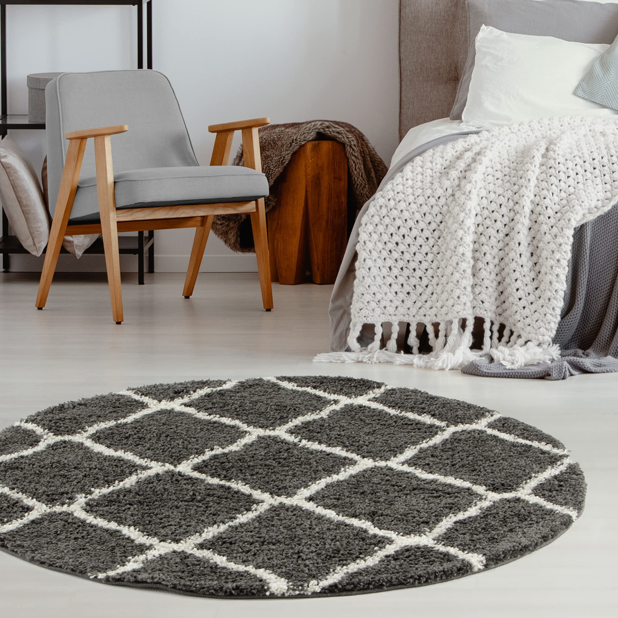 THE RUGS Soft Moroccan Shaggy Rugs & Runners in Dark Grey Living Room | Size: 120cm diameter