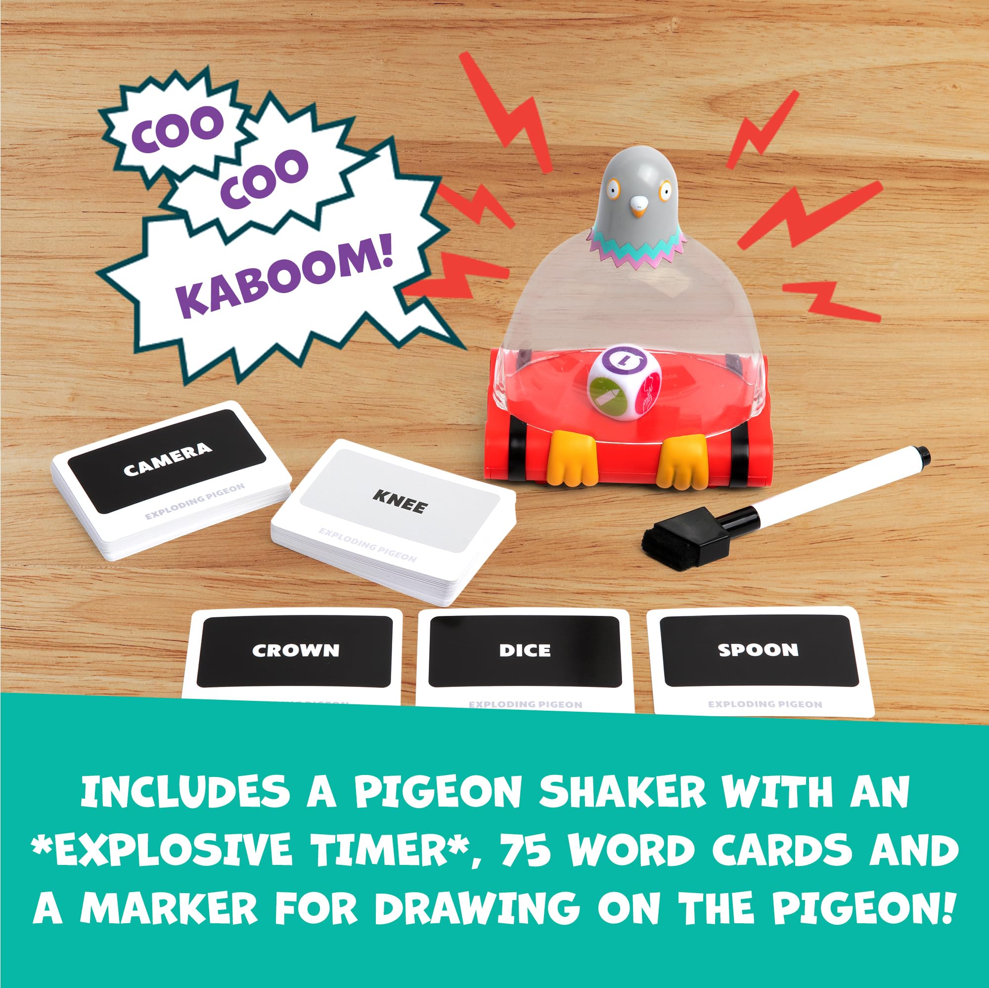 Exploding Pigeon: By Exploding Kittens, 3+ Players, Age 7+ Party Game | Shake the pigeon timer, reveal team challenges, then draw, mime, and race through 75 quick-fire cards for family game night.