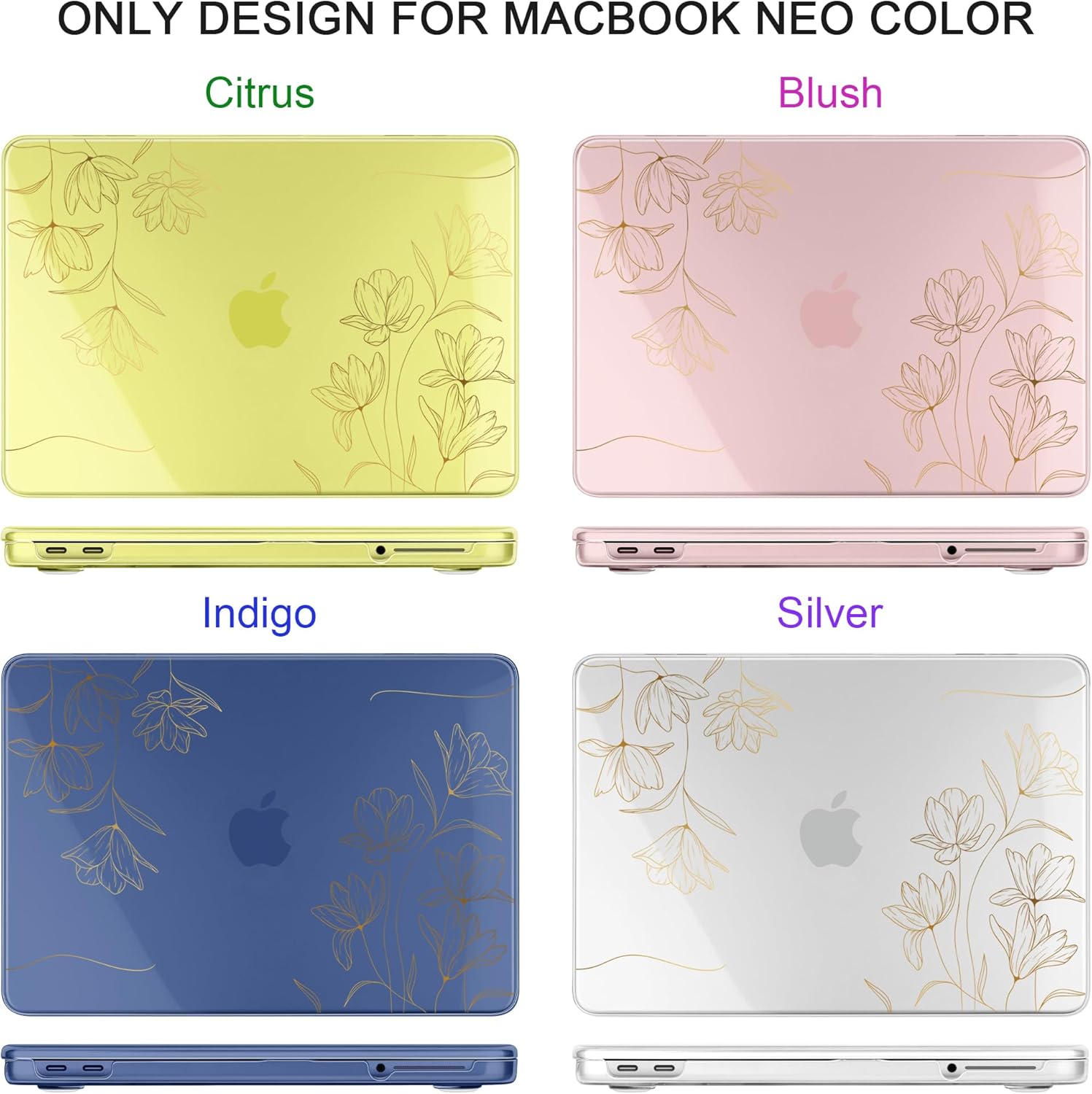 TWOLSKOO for MacBook Neo 13 inch Case 2026 A3404 A18 Pro Chip, Plastic Hard Shell Pattern Case with Type C Adapter, 2 Webcam Covers, Keyboard Cover & Screen Protector, Golden Florals