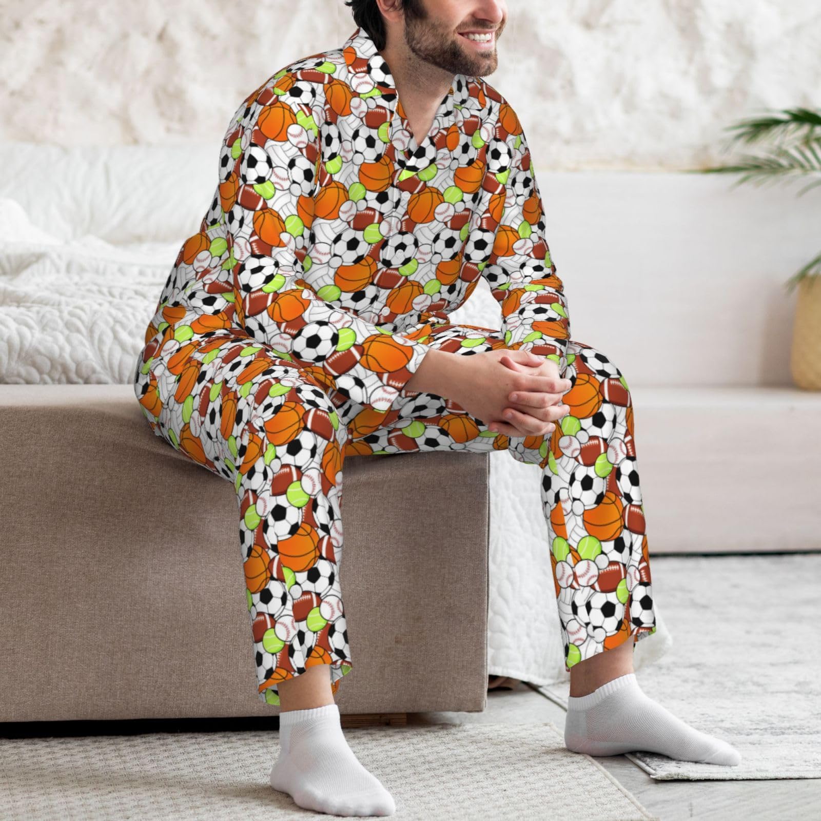 Conjunto de pijama de manga larga para hombre con estampado de pelota deportiva, ropa de dormir de dos piezas