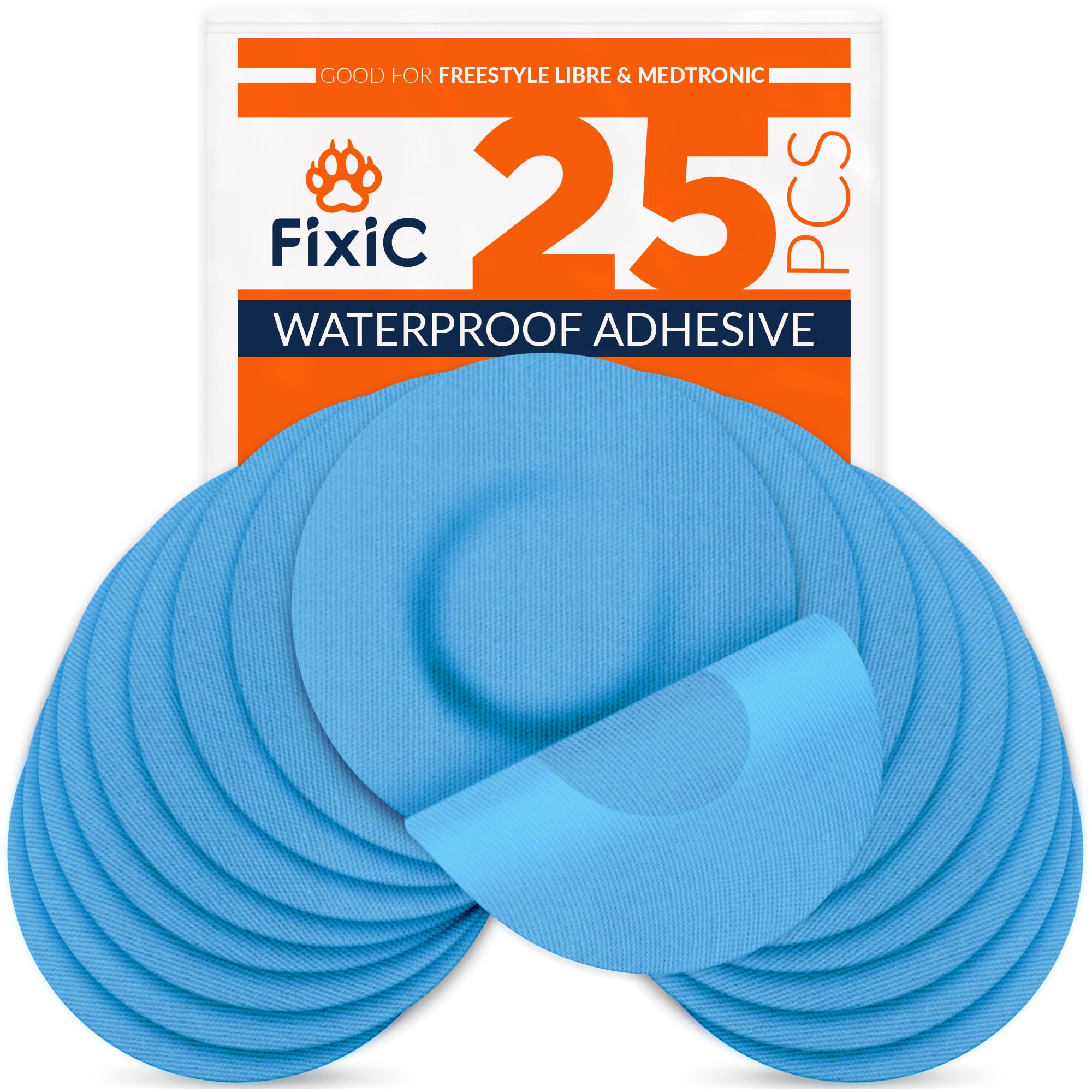 Fixic Freestyle Adhesive Patch 25 PCS – Good for Libre 1, 2, 3 & Plus – Enlite – Guardian – NO Glue in The Center of The Patch – Pre-Cut Back Paper – Long Fixation for Your Sensor! (Light Blue)