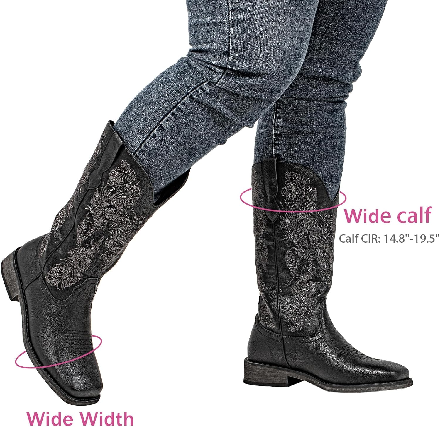SheSole Wide Calf Cowboy Boots Women - Bold Cowgirl Western Square Toe, Hidden Stretch Panel & Cushioned Insole for Confident Fit - Image 2