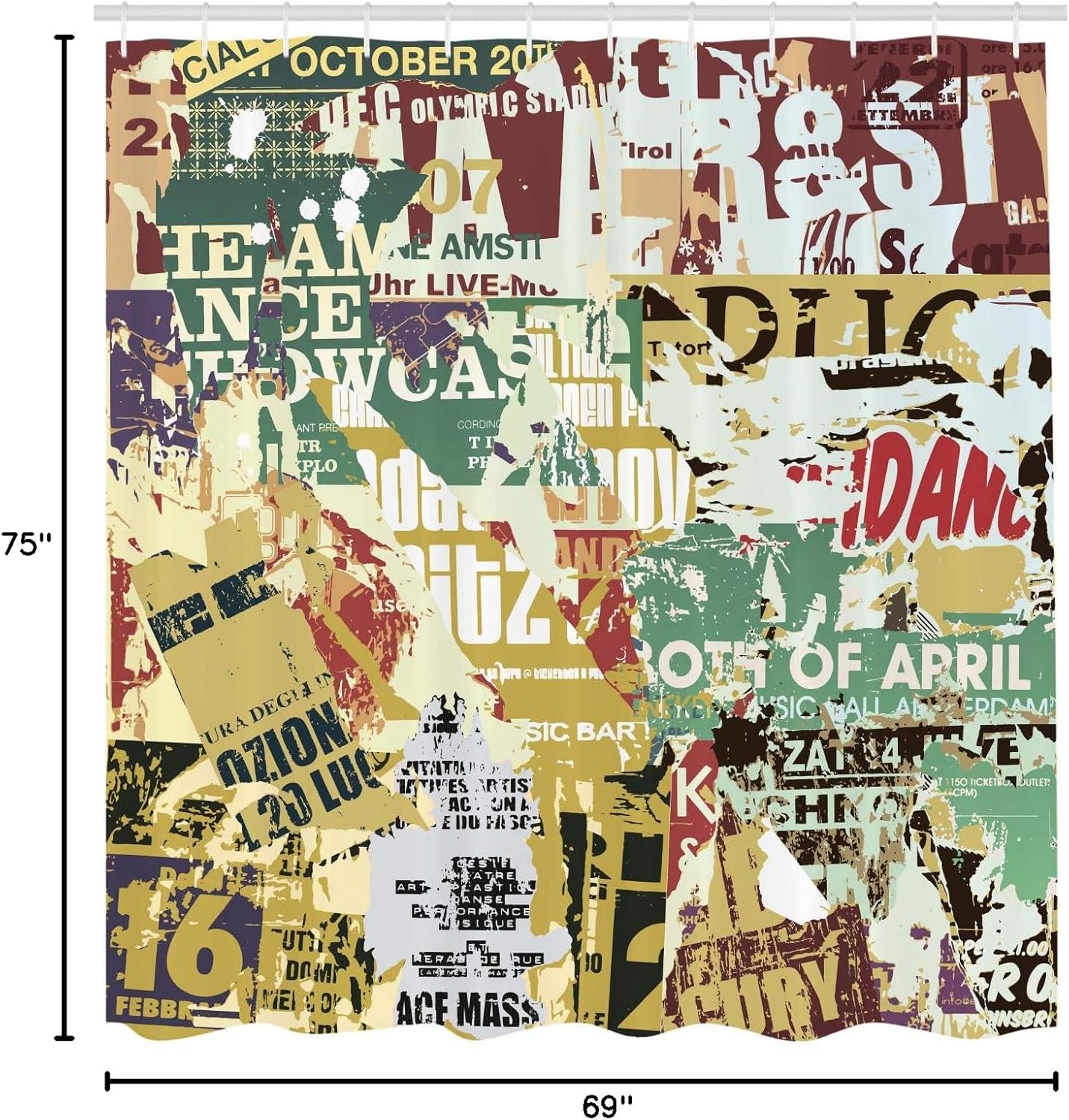 Ambesonne Retro Shower Curtain, Grunge Style Collage Print of Old Torn Posters Magazines Newspapers Paper Art Print, Cloth Fabric Bathroom Decor Set with Hooks, 69" W x 75" L, Mustard Beige