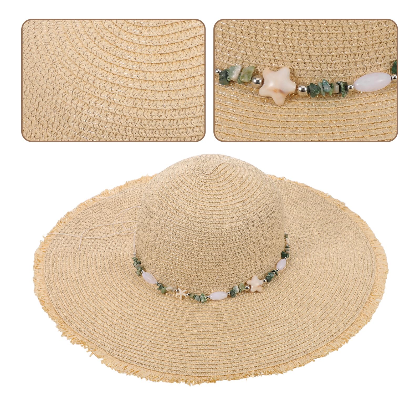 Sombrero de Paja para Mujer ala Ancha Beige Transpirable y Ligero Sombrero de Playa con Flecos Protección Solar UV Adecuado para Vacaciones y Uso al Aire Libre