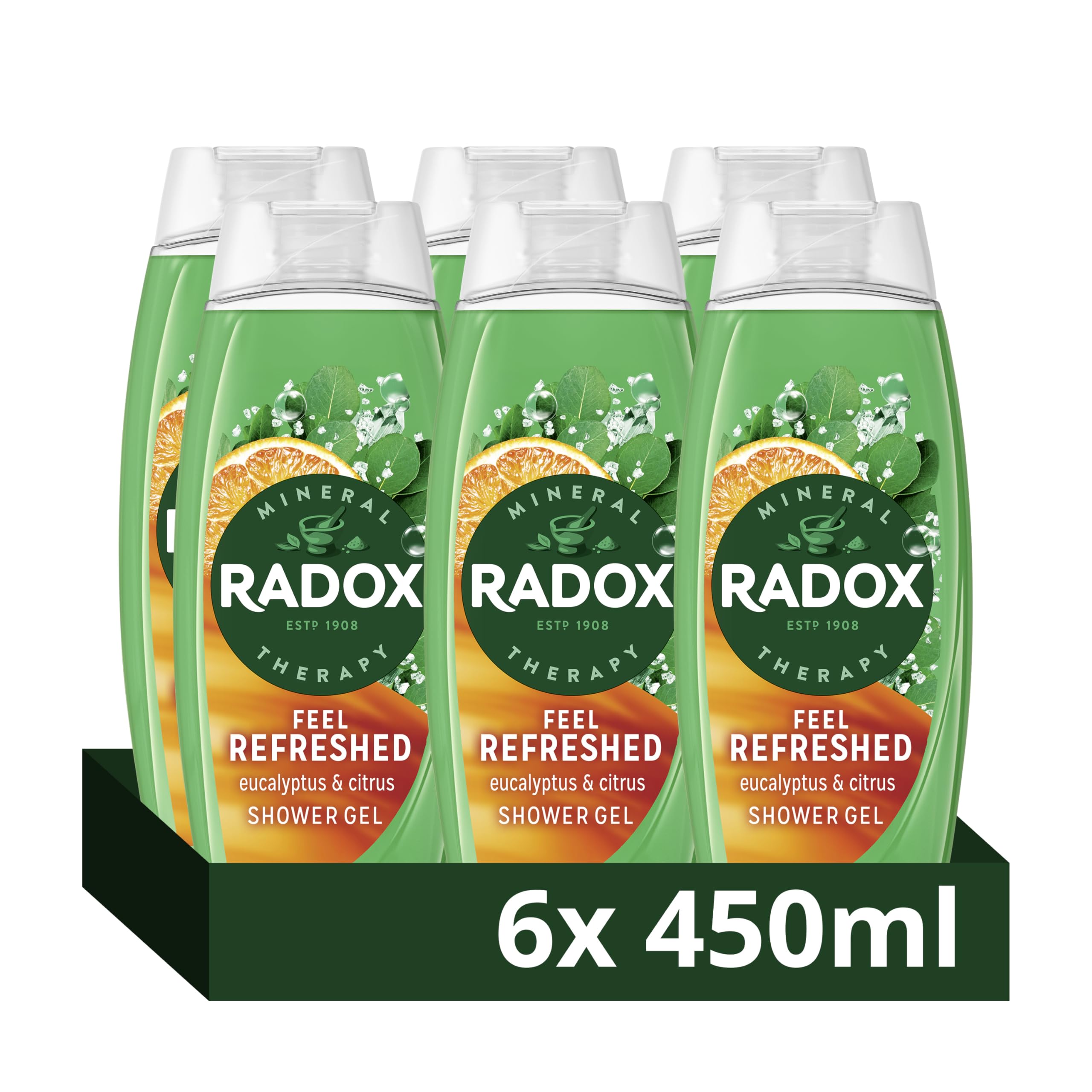 Radox Mineral Therapy Feel Refreshed Shower Gel Body Wash uniquely blended with herbs, minerals and a eucalyptus & citrus oil fragrance for a refreshing experience 6x 450 ml