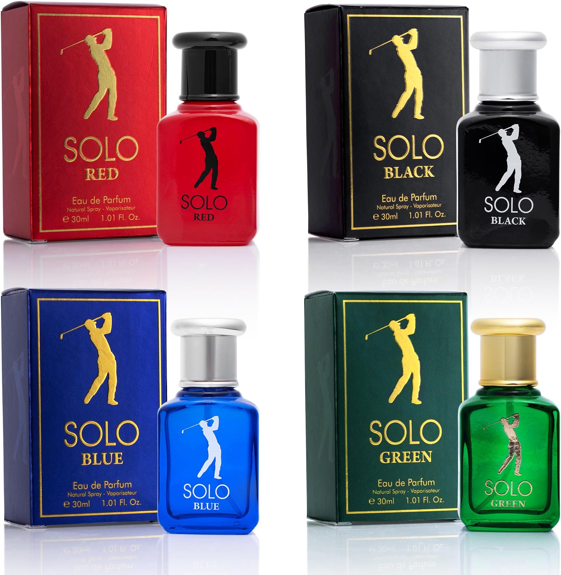Solo 4-Piece Mini Fragrance Set for Men EDP - Solo Red, Blue, Black & Green - Combination of Woody, Citrus & Spicy Scents - Suitable For All Skin Types - Free of Paraben Each in 30ml Bottle