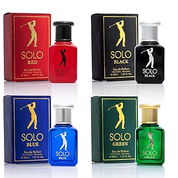 مجموعة عطور صغيرة من NovoGlow Solo مكونة من 4 قطع للرجال EDP - أحمر وأزرق وأسود وأخضر منفرد - مزيج من الروائح الخشبية والحمضيات والحارة - مناسبة لجميع أنواع البشرة - خالية من البارابين في زجاجة سعة 30 مل