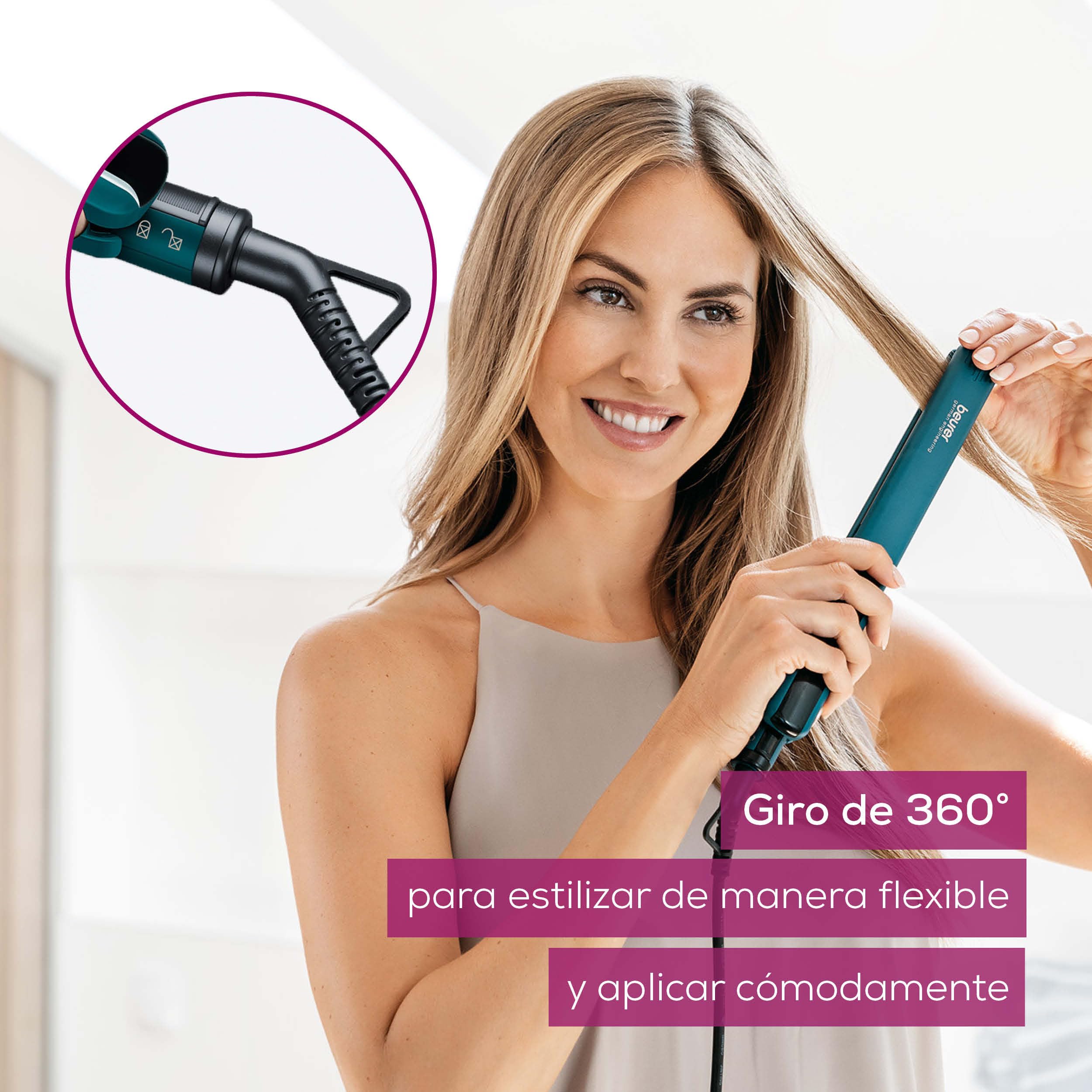 Beurer HS 50 Ocean Plancha para el pelo, alisador con revestimiento cerámico de queratina para un cabello suave, pantalla LED para indicar la temperatura, ajuste de temperatura de 120 a 220°C