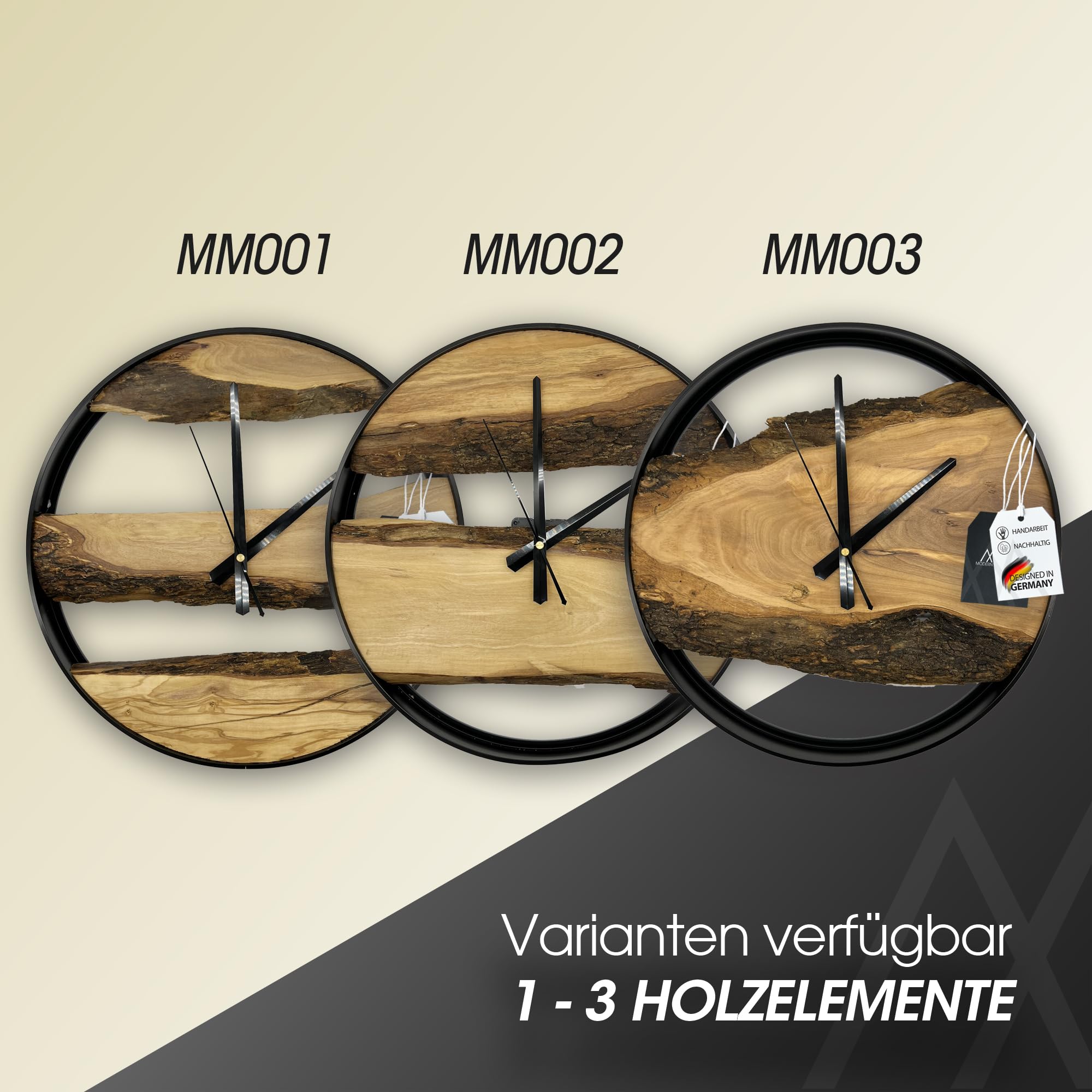 MODERNMOMENTS ® Wanduhr Holz ohne Tickgeräusche Handarbeit rustikal Olivenholz Holz Wanduhren modern Baumkante Holzuhr Wohnzimmeruhr Uhr Wand Massivholz Naturholz Clock Deko