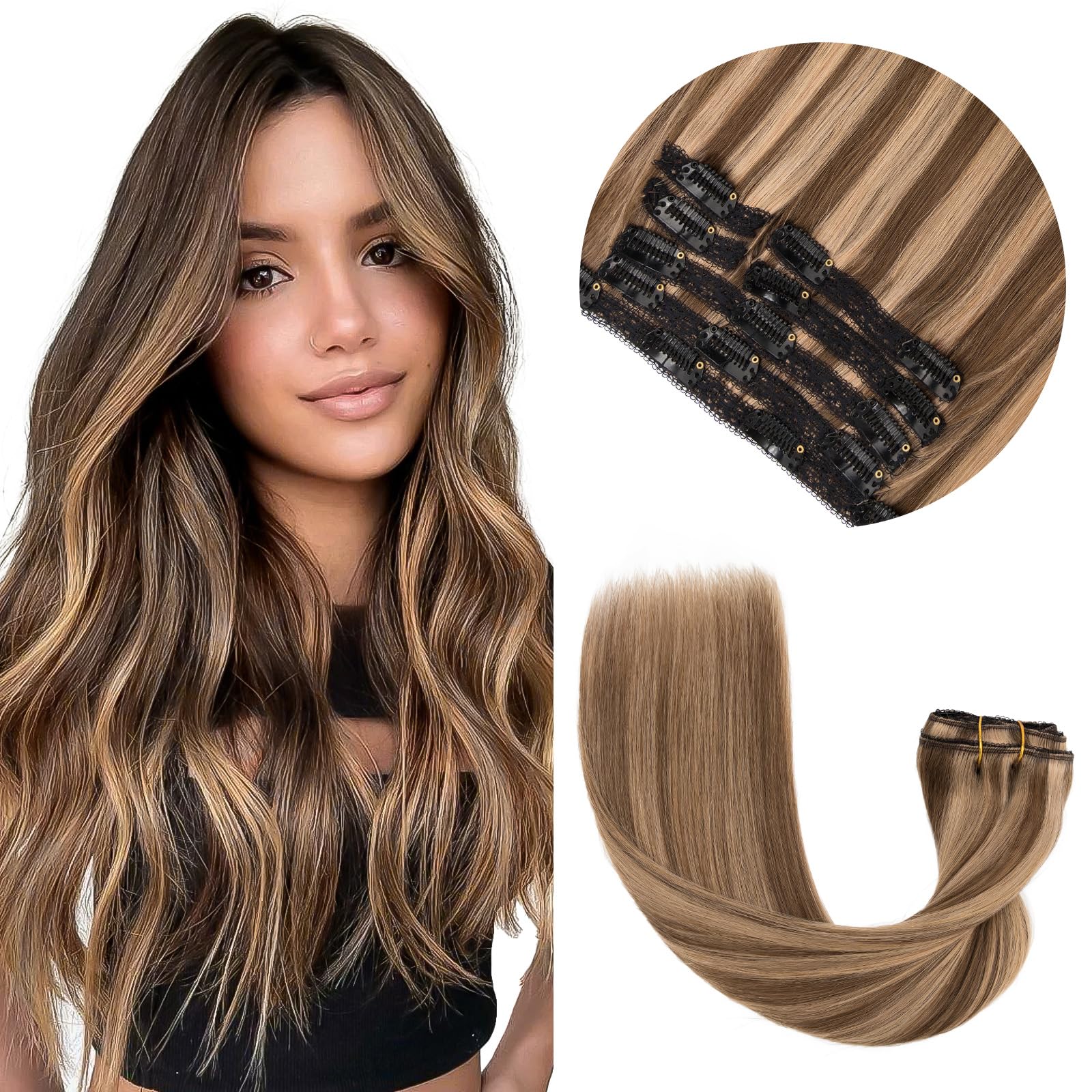 Elailite Clip in Hair Extensions Real Human Hair Double Weft Virgin Remy Hair Lace Weft 7 Pcs Full Head Straight