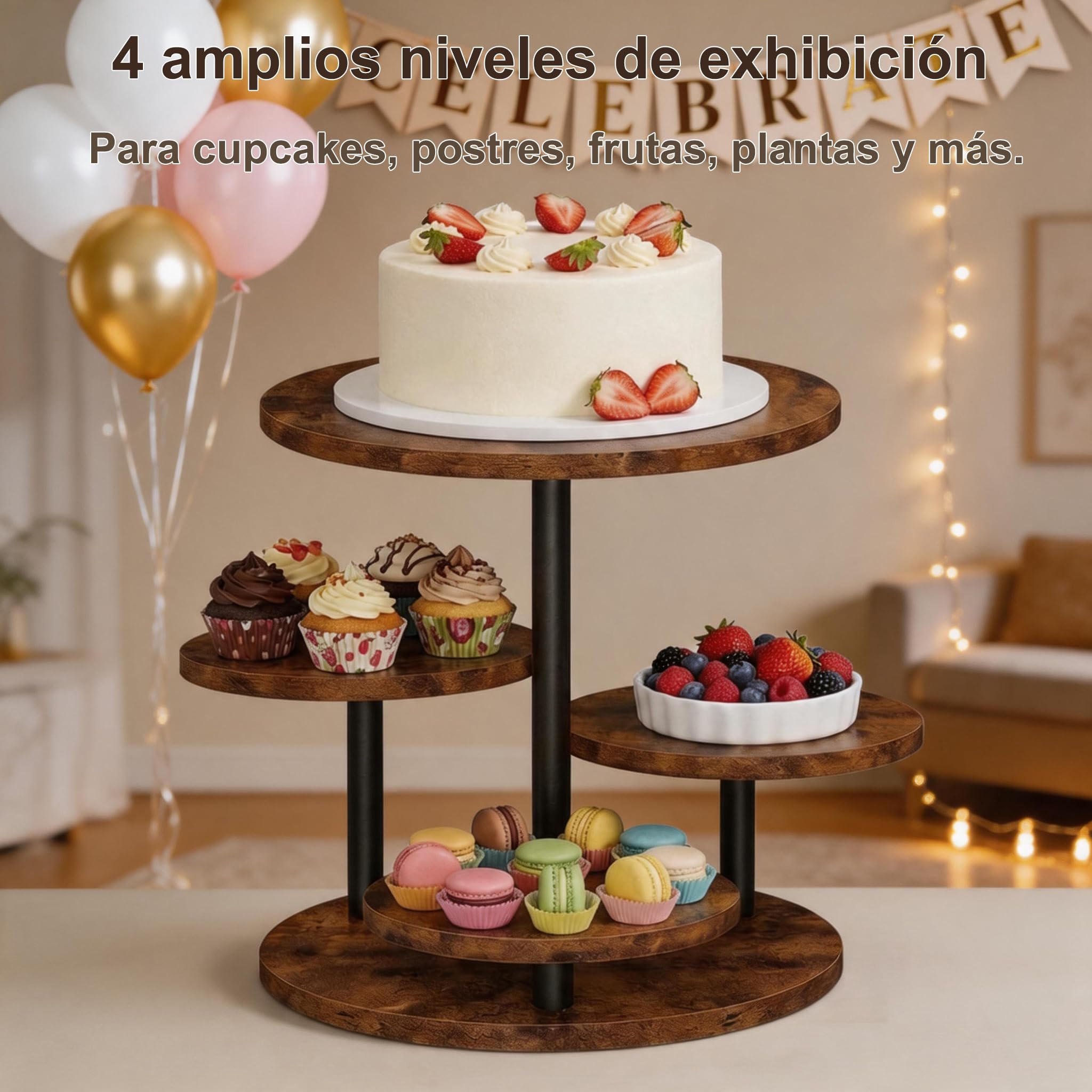 FUSHITON Soporte para Pasteles 4 Niveles Giratorio 360° en MDF con Revestimiento de Melamina y Metal, Exhibidor para Cupcakes, Tartas, Frutas, Plantas, Decoración, Altura 32,5 cm, Bandejas Ø30/20 cm