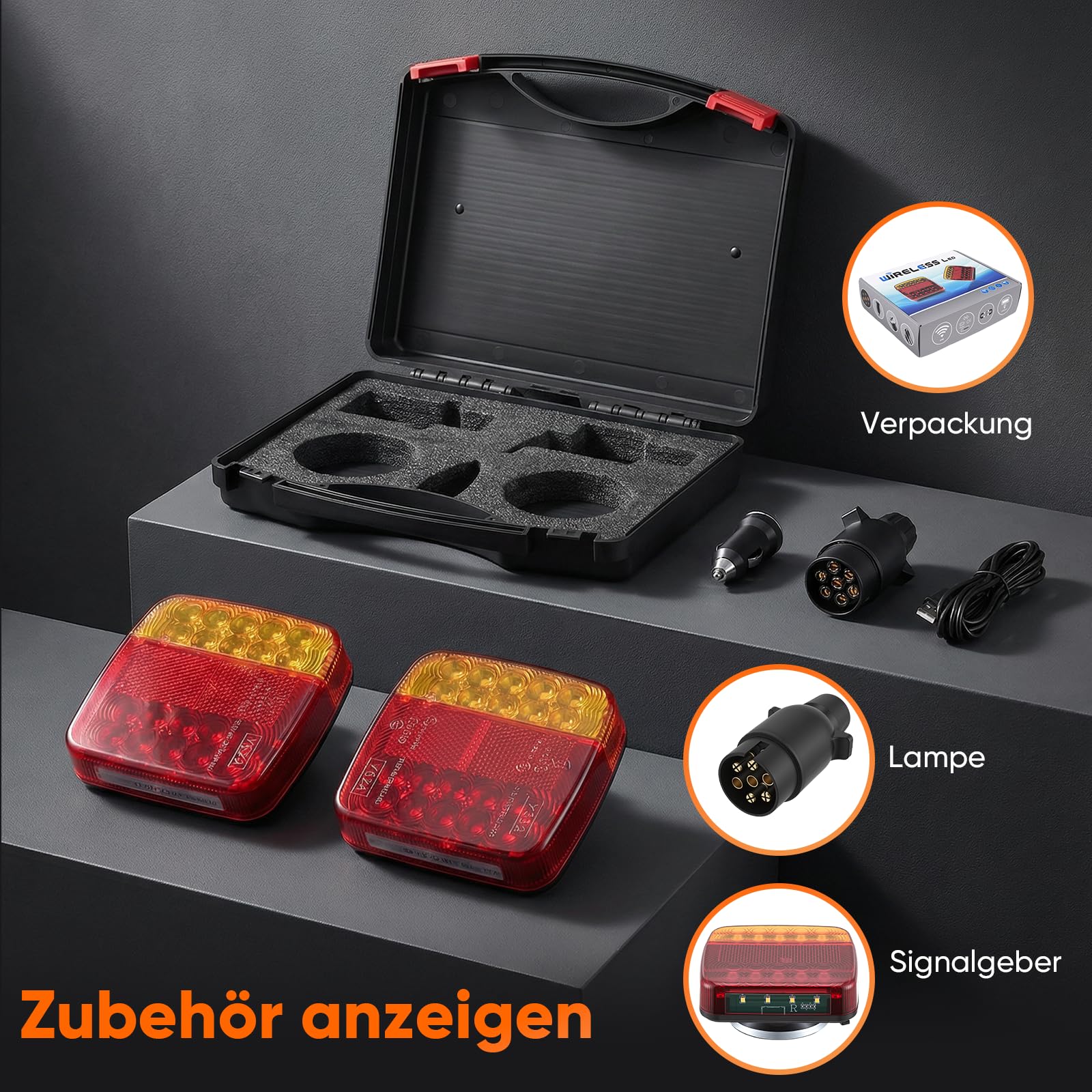 Feux arrière LED sans fil pour remorque avec aimant - Ensemble de feux arrière sans fil 12/24V, étanche et rechargeable par USB, pour caravane, camion et transporteur