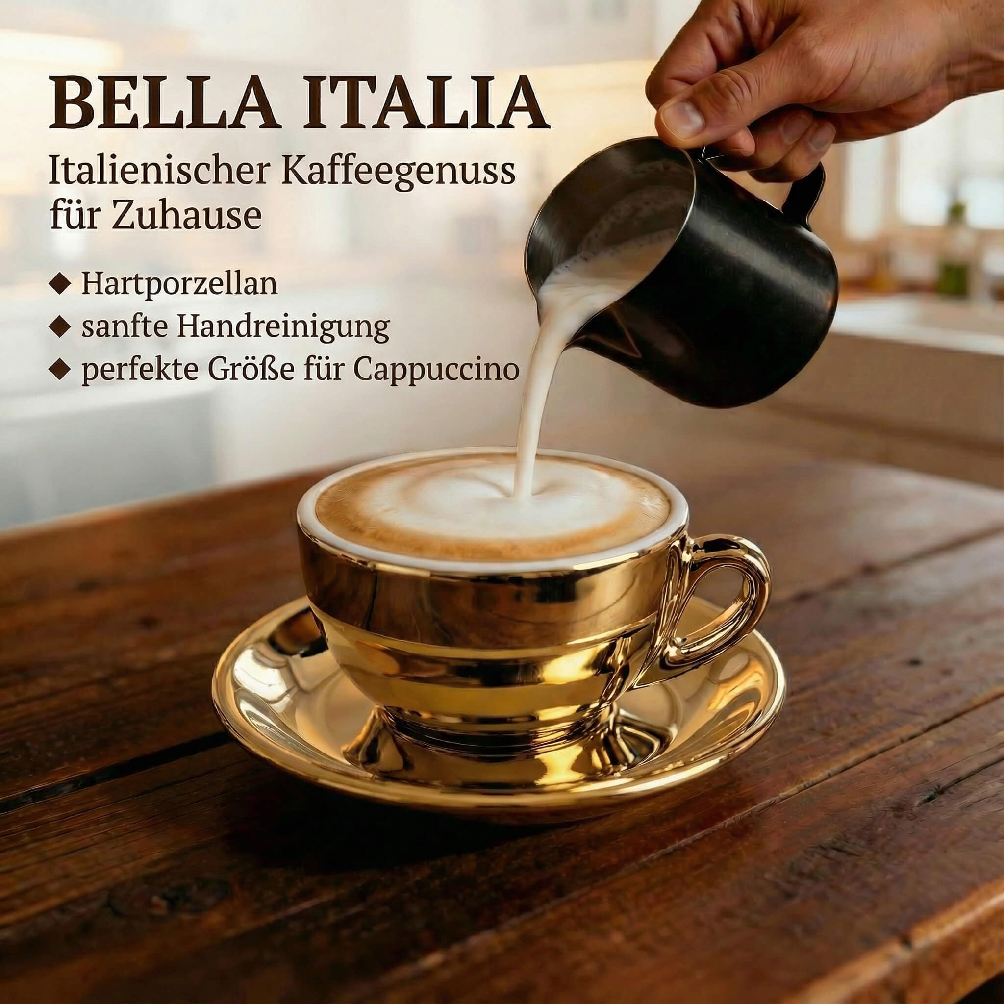6 x filiżanka do cappuccino 200 ml | złoty - chrom | styl włoski | grube ścianki i ciężkie | zestaw 6 filiżanek do cappuccino ze spodkami - zestaw upominkowy
