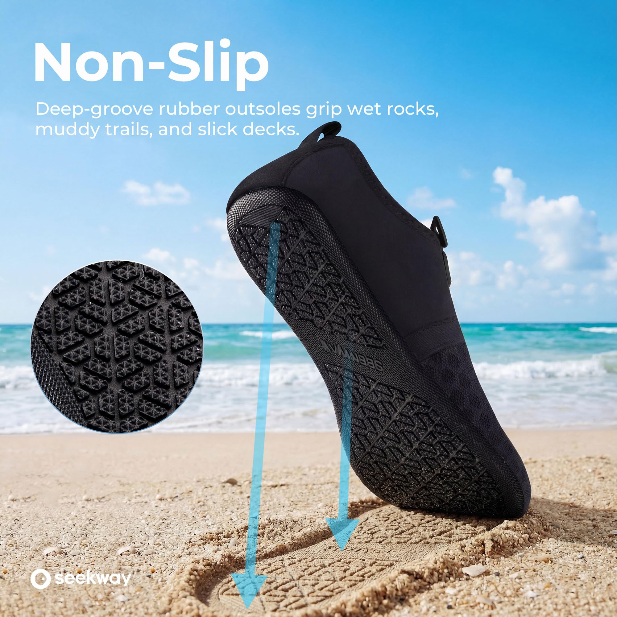 SEEKWAY Scarpe da acqua da donna e uomo, ad asciugatura rapida, calzini da spiaggia a piedi nudi, antiscivolo, piscina, surf, fiume, lago, yoga, 1A-Splice Nero, 10-11 Women/9-10 Men