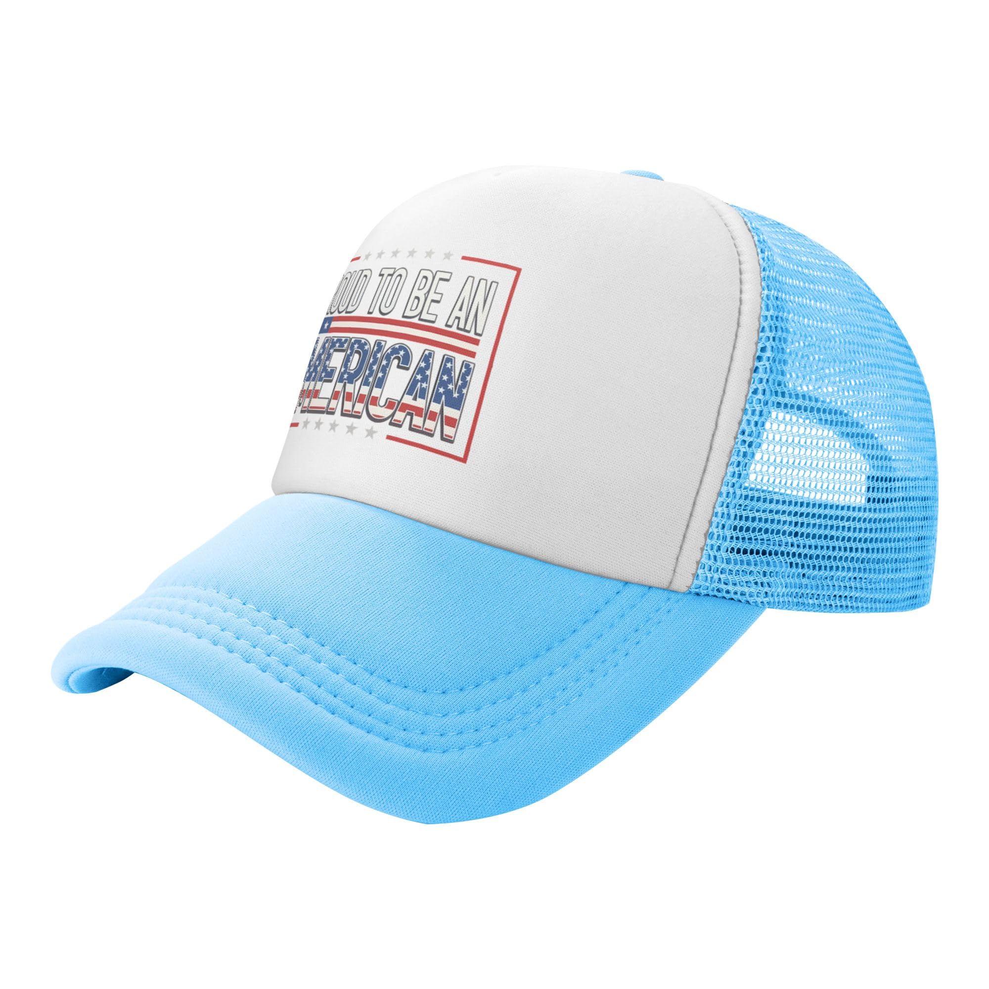 Proud to be an American Trucker Hat 4th of July Baseball Cap Mesh Back Adjustable Hats for Kids - Sky Blue