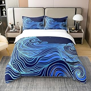 jejeloiu Japanese Wave Bedding Cotton Duvet Cover Set Full Ocean Wave Duvet Cover 100% Cotton Queen Size for Sea Waves Comforter Cover Set Teens Nautical Marine Sea Wave Theme Blue Bedspread Cover