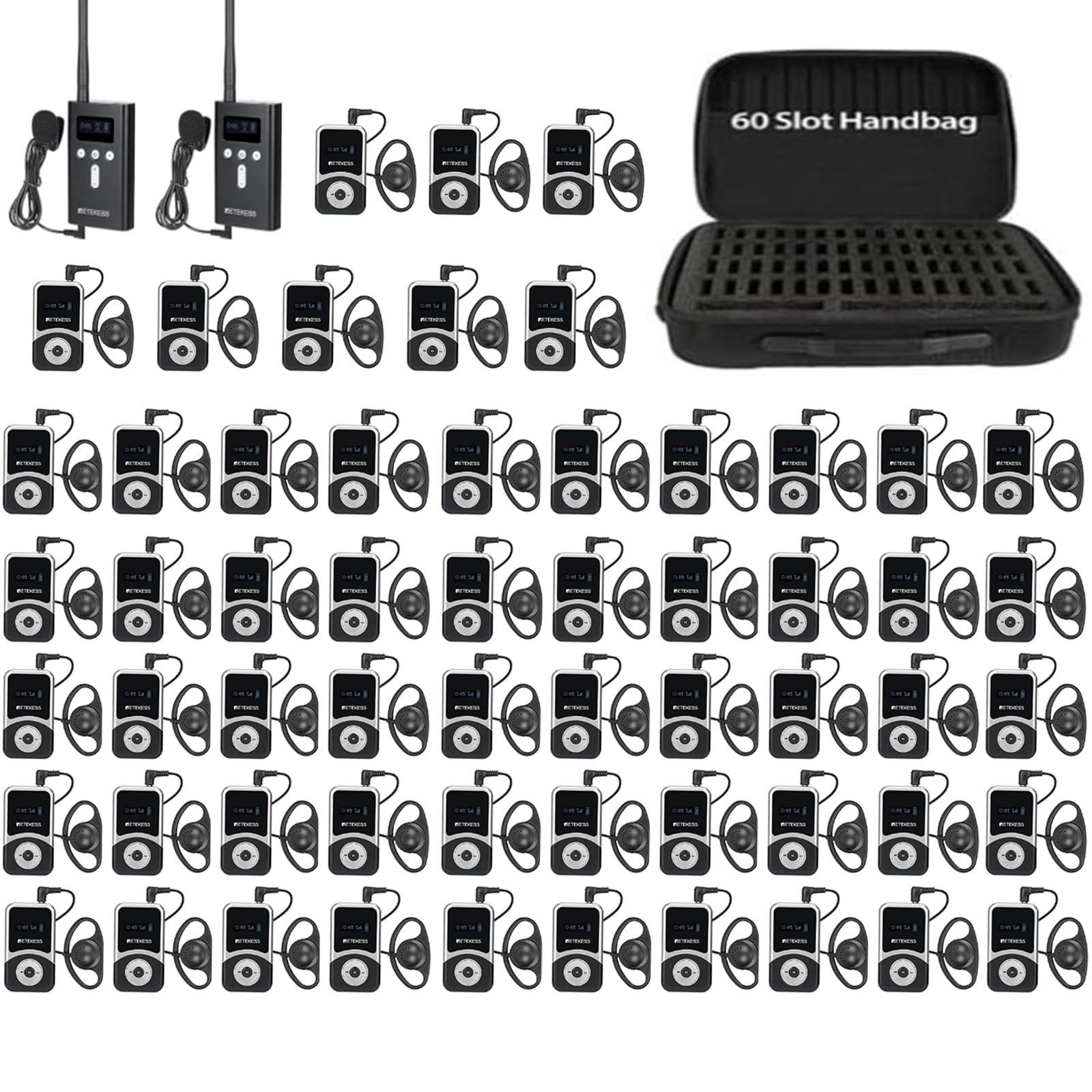 Retekess T130S(2nd Gen T130) Wireless Tour Guide Audio System, Upgraded Longer Range, Tour Headsets, One-Key Operation, Translation Devices for Church (2 TX 58 RX 60-Slot Carry Bag)