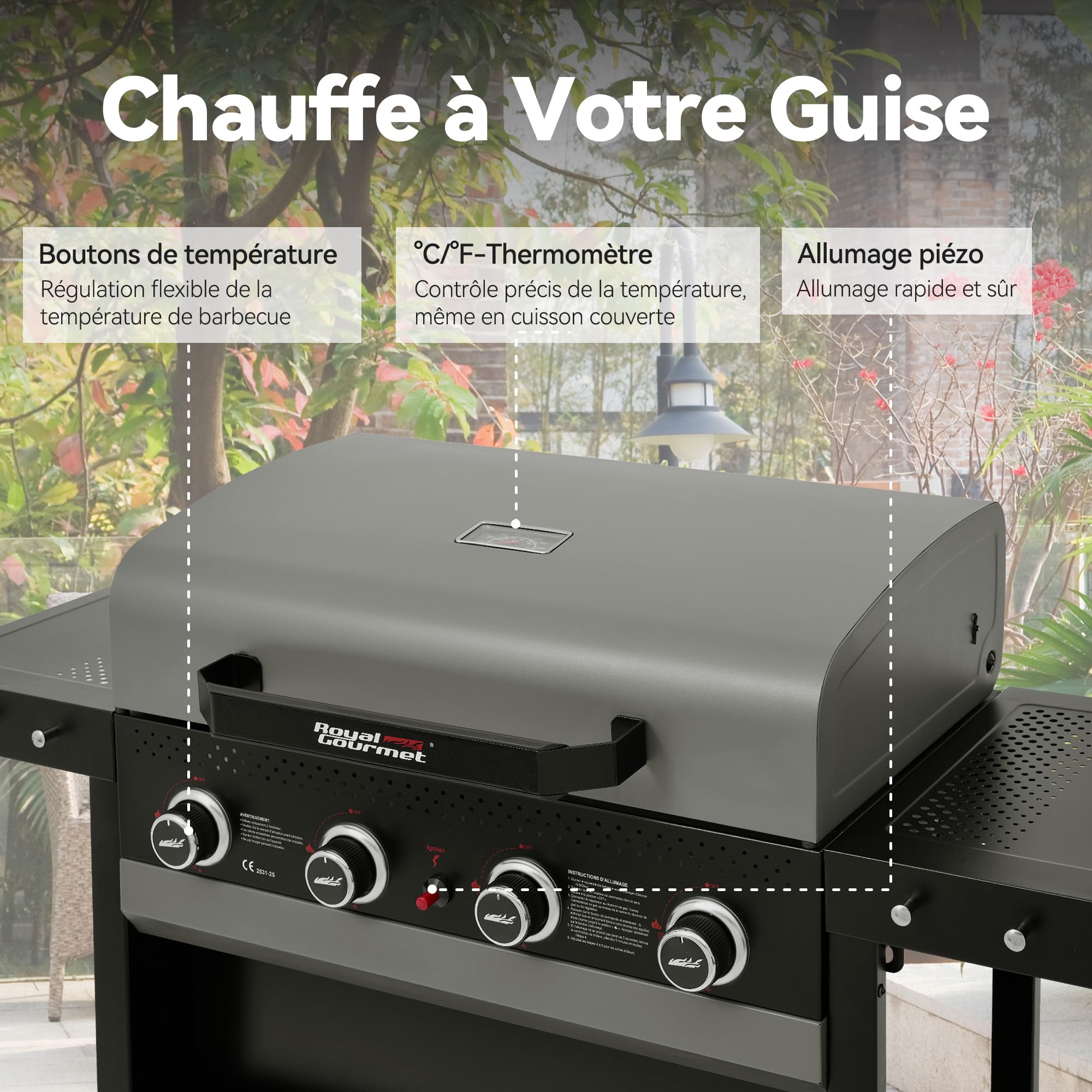 Royal Gourmet 4 Brûleurs Barbecue Gaz, Gril à Gaz sur Chariot 10 KW avec Tables Pliantes et Panier de Rangement, Noir